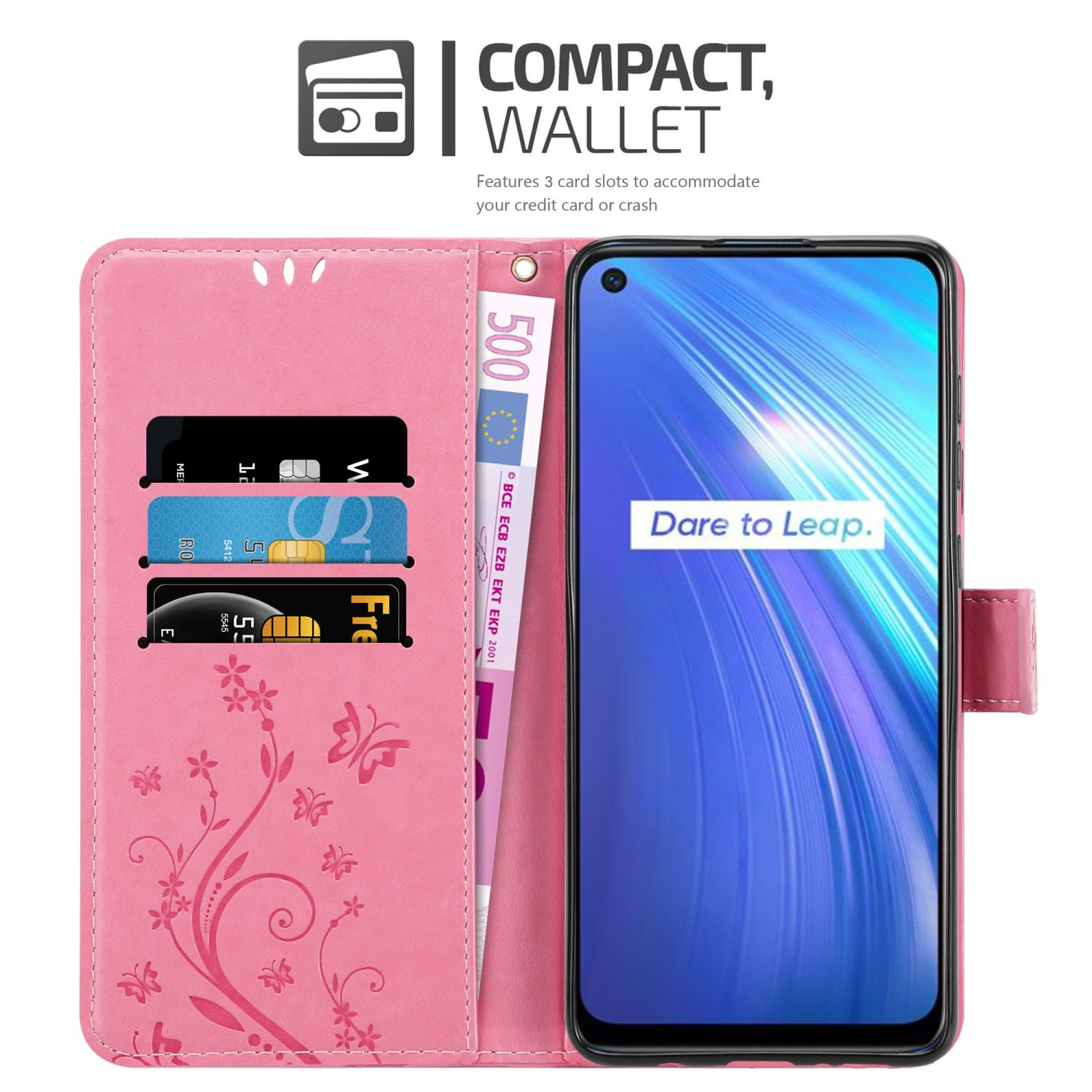 Custodia per telefono rosa aperta, che mostra telefono e slot per schede con una banconota da 500 euro. Design floreale sulla custodia.