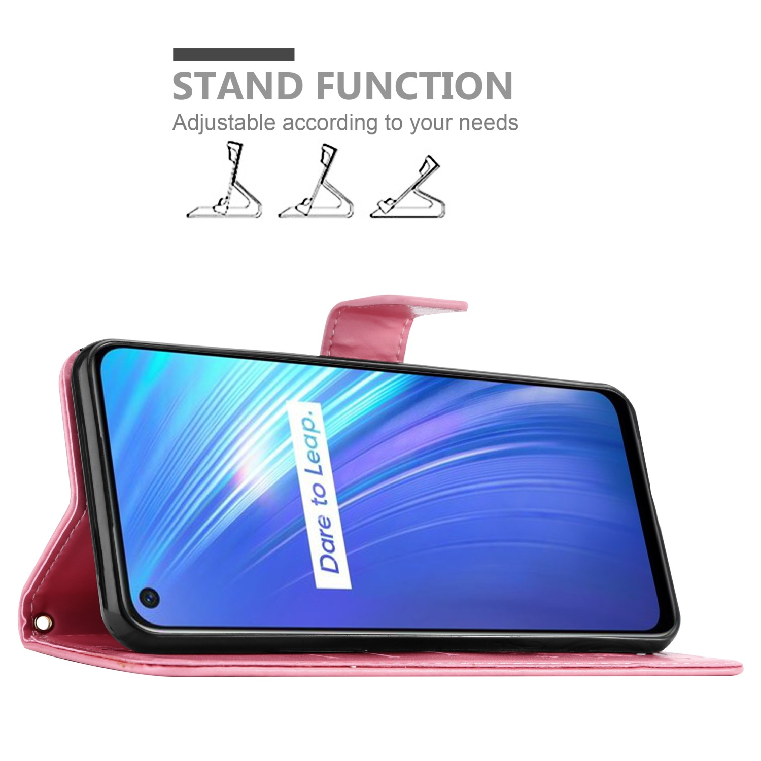 Custodia rosa con telefono, in posizione di supporto. Lo schermo mostra il testo "Dare to Leap".
