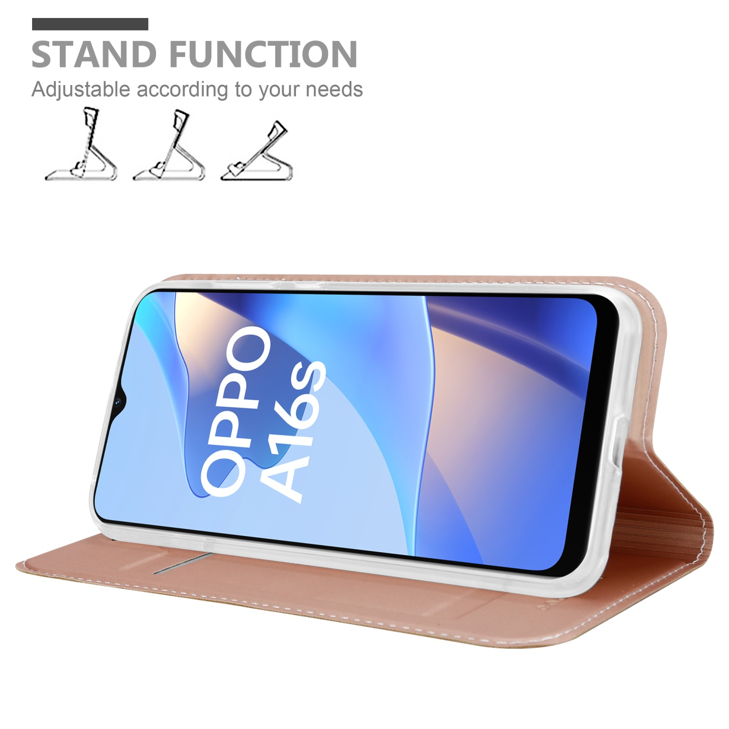 Una custodia per telefono con funzione stand. Il telefono è aperto e lo schermo mostra un logo.