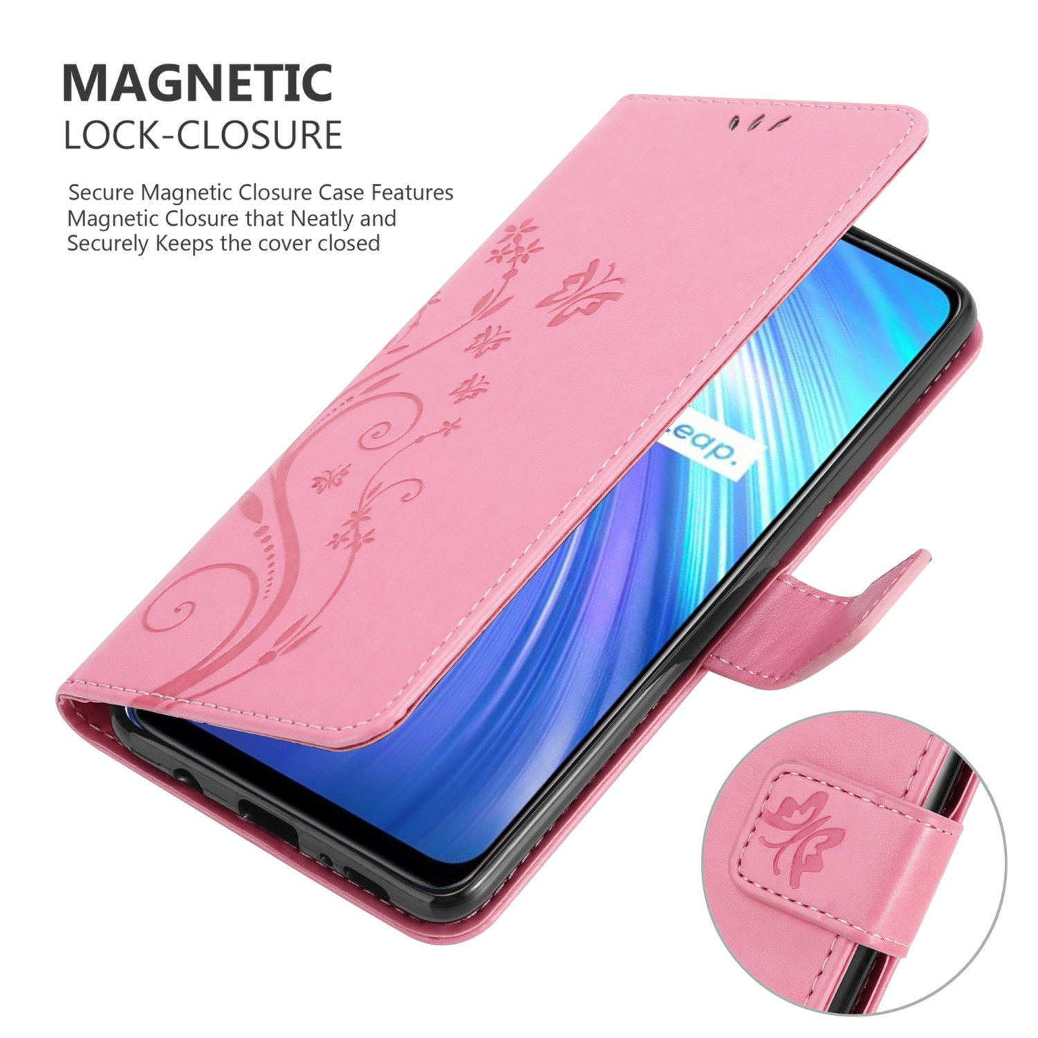 Custodia per telefono rosa aperta. Lo schermo è visibile. Sfondo rosa.