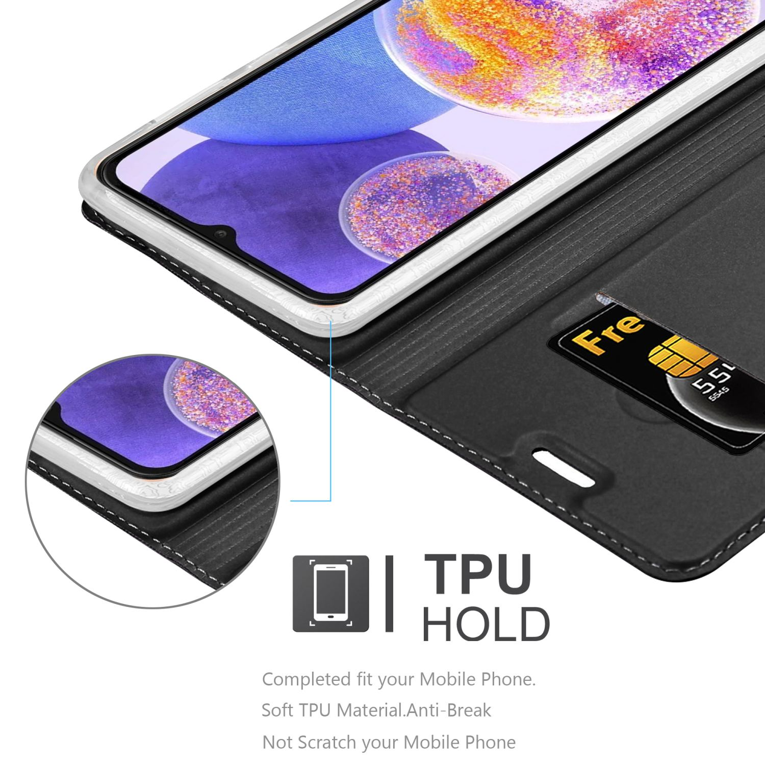 Custodia telefono nera aperta, mostra telefono. Testo supporto TPU in basso.