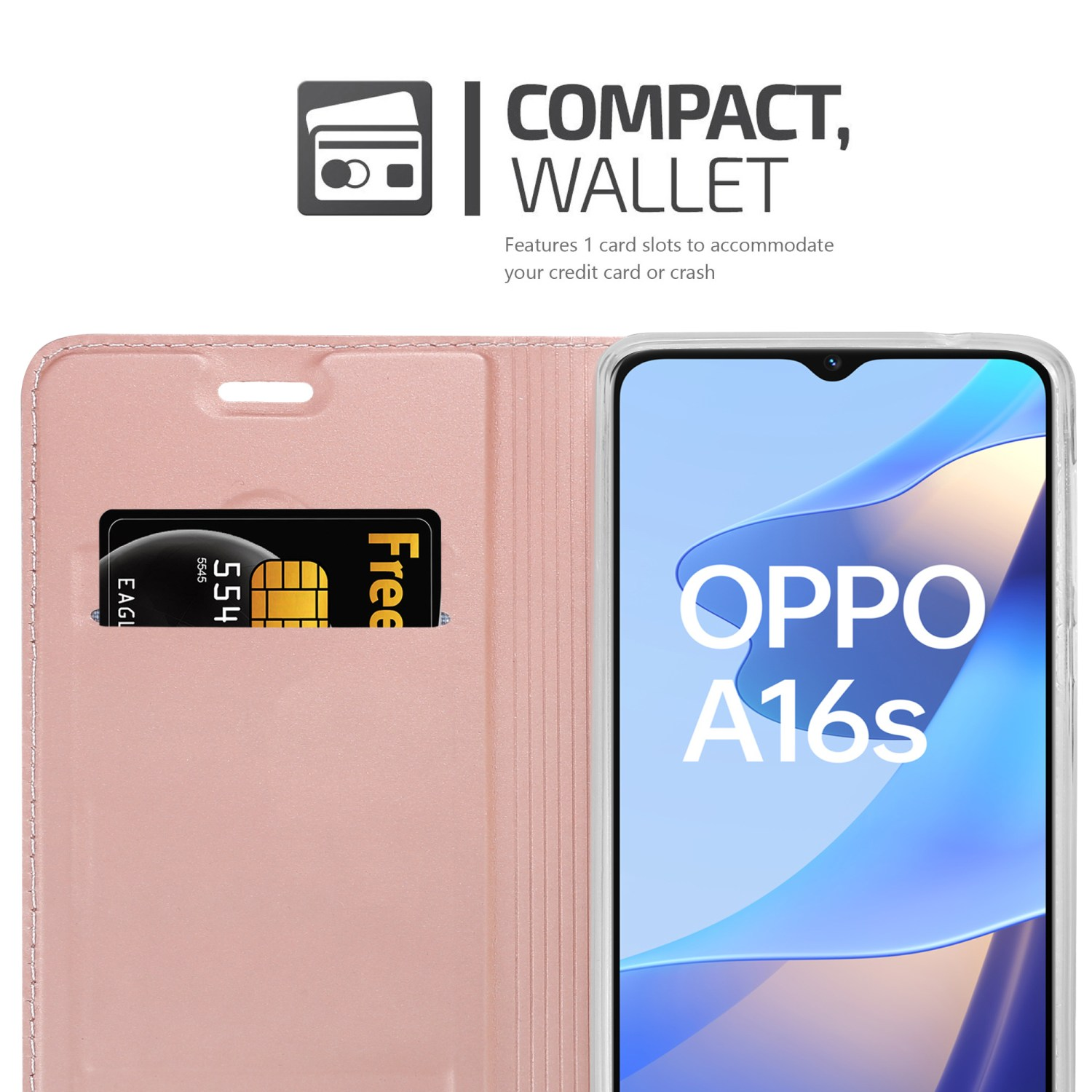 Una custodia per telefono rosa è mostrata aperta, con un telefono all'interno. È visibile anche una carta.