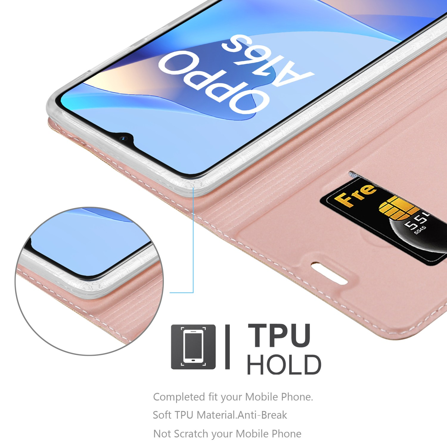 Custodia per telefono rosa aperta, con slot per schede. Lo schermo del telefono mostra un logo Oppo.