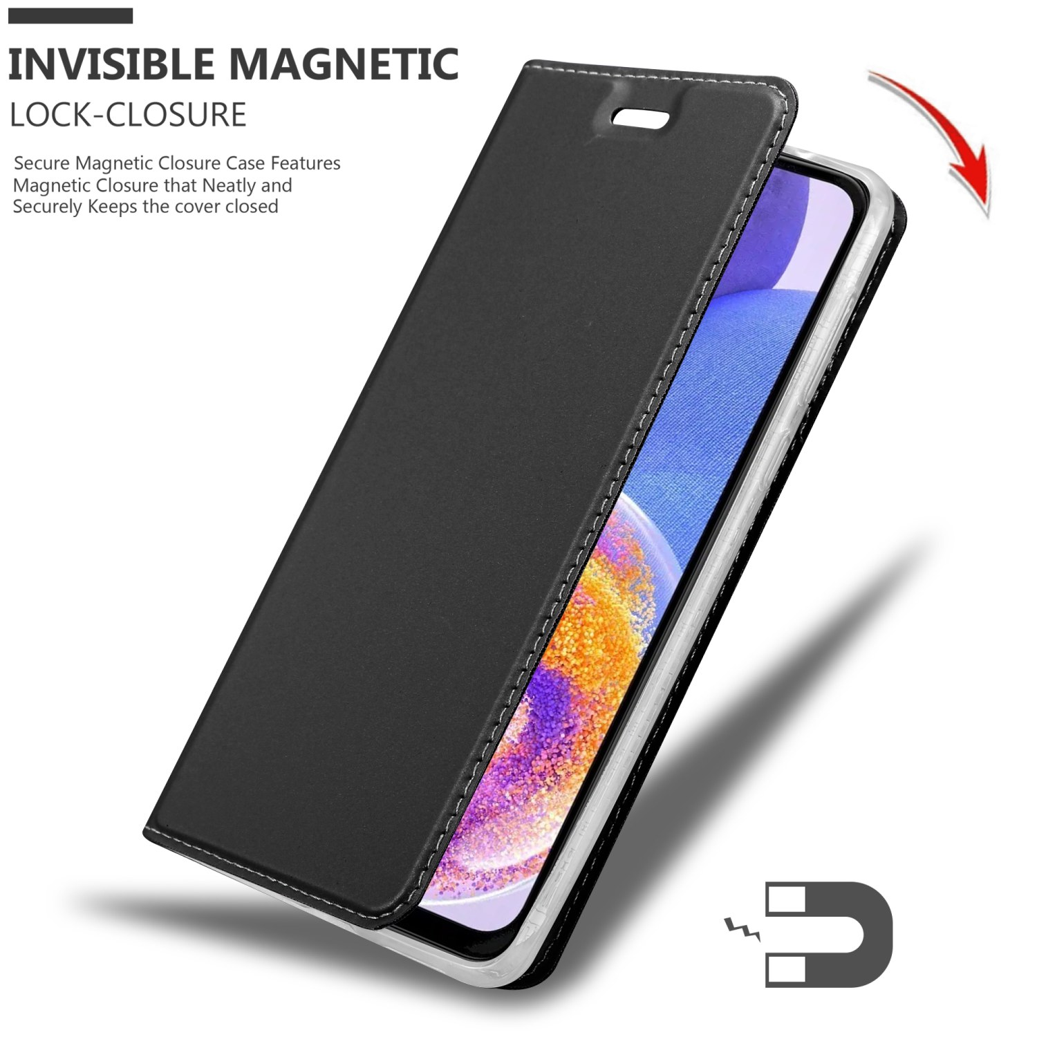 Custodia per telefono nera, aperta, con telefono all'interno. Testo: CHIUSURA MAGNETICA INVISIBILE, Mantiene la cover chiusa in modo sicuro.