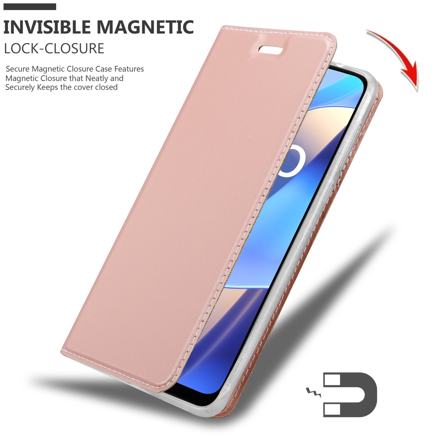 Una custodia per telefono rosa è aperta, rivelando lo schermo di un telefono. Viene mostrata una grafica di chiusura magnetica.