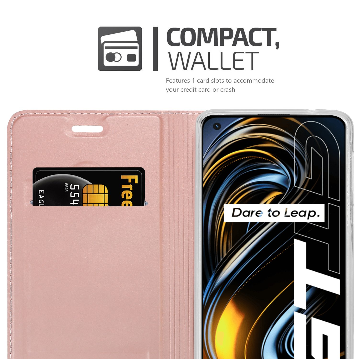 Un telefono in una custodia rosa, con uno slot per schede visibile. Il testo dice "Free" su una carta.