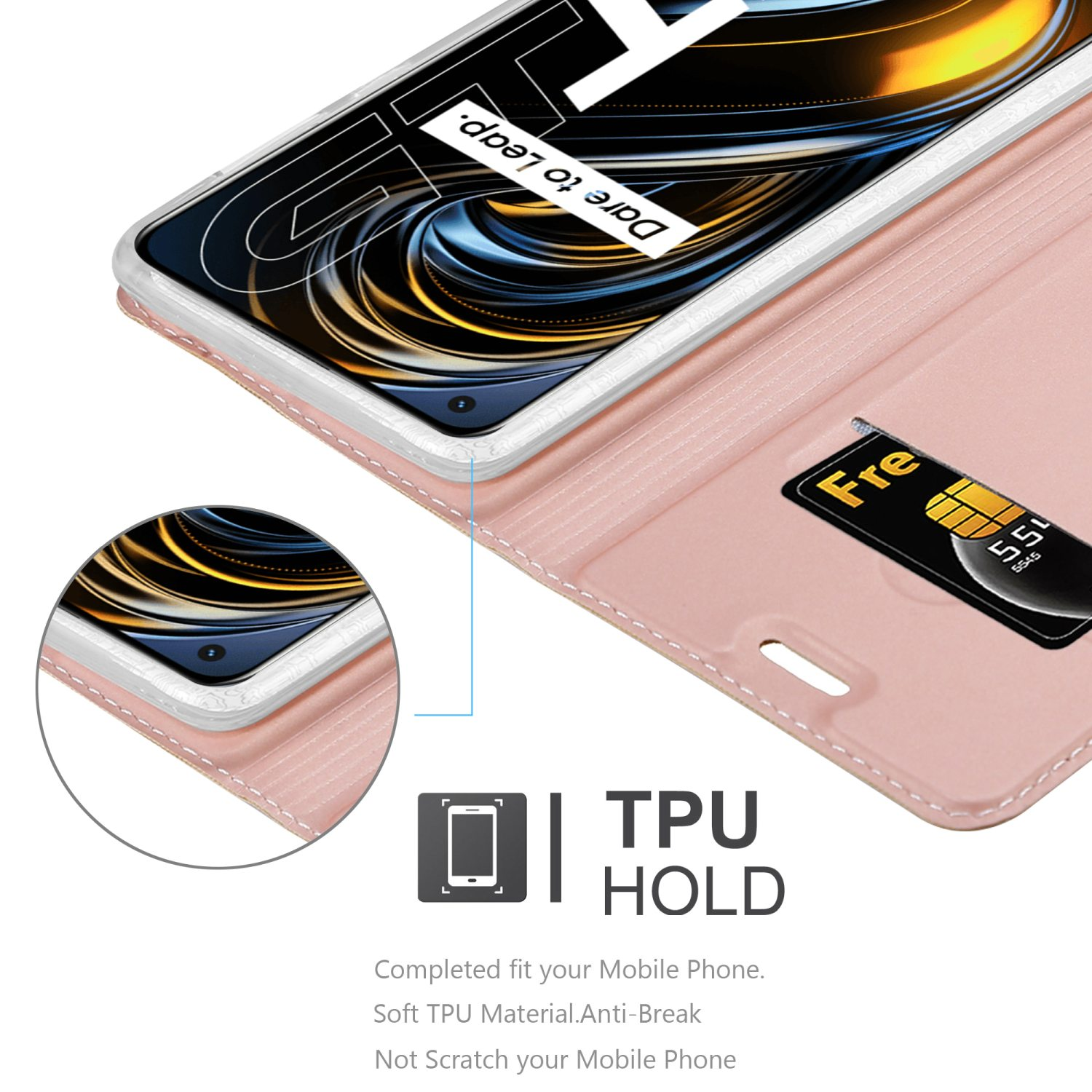 Primo piano di una custodia rosa, schermo del cellulare e scheda SIM.