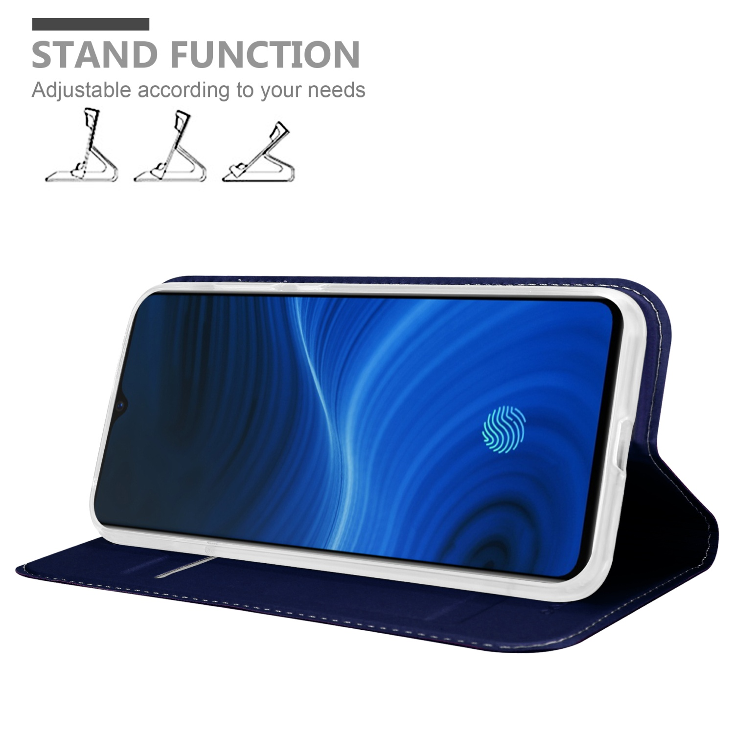 Telefono in custodia nera, in piedi. Testo: Funzione supporto, regolabile in base alle tue esigenze. Sfondo blu.