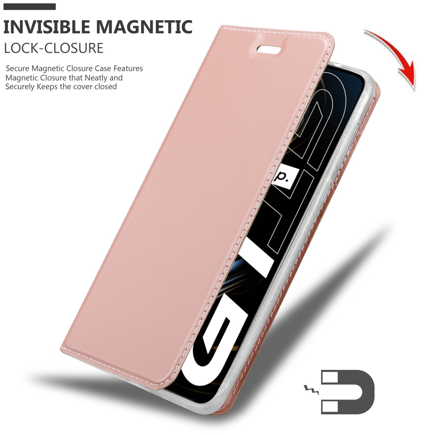 Custodia rosa con chiusura magnetica. La custodia è aperta e mostra l'interno.