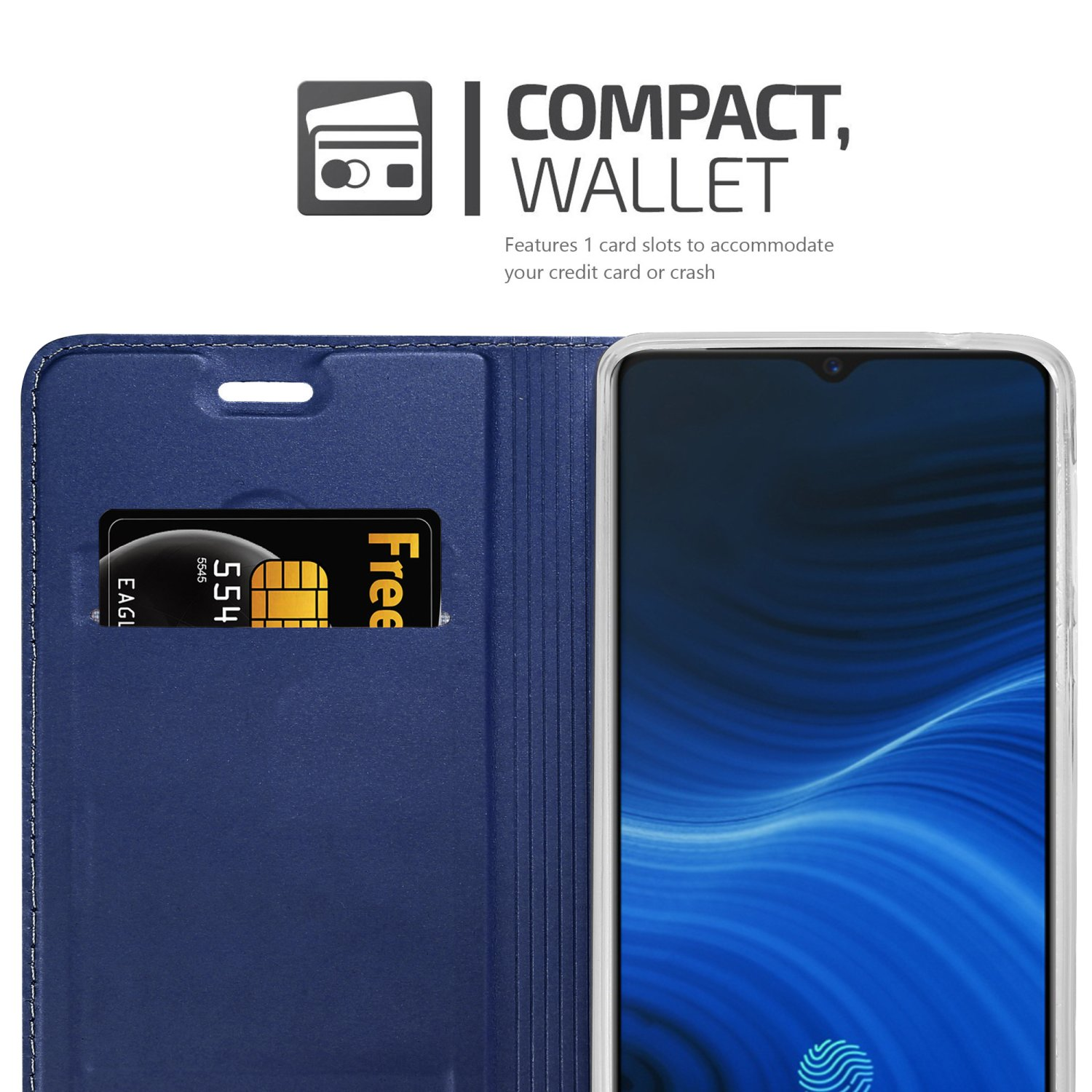 Custodia a portafoglio blu. Funzioni portafoglio compatte. Fessura per carte.