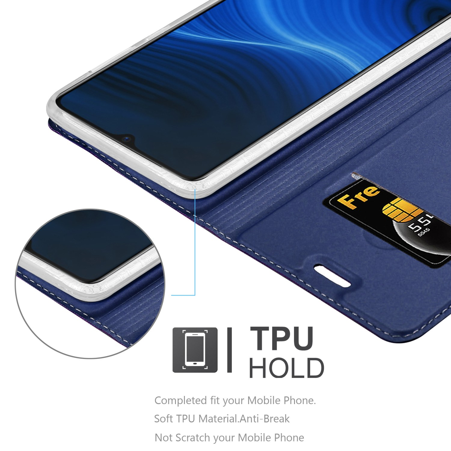 Telefono in custodia blu, aperto. SIM card visibile. Supporto TPU menzionato. Cuciture bianche.