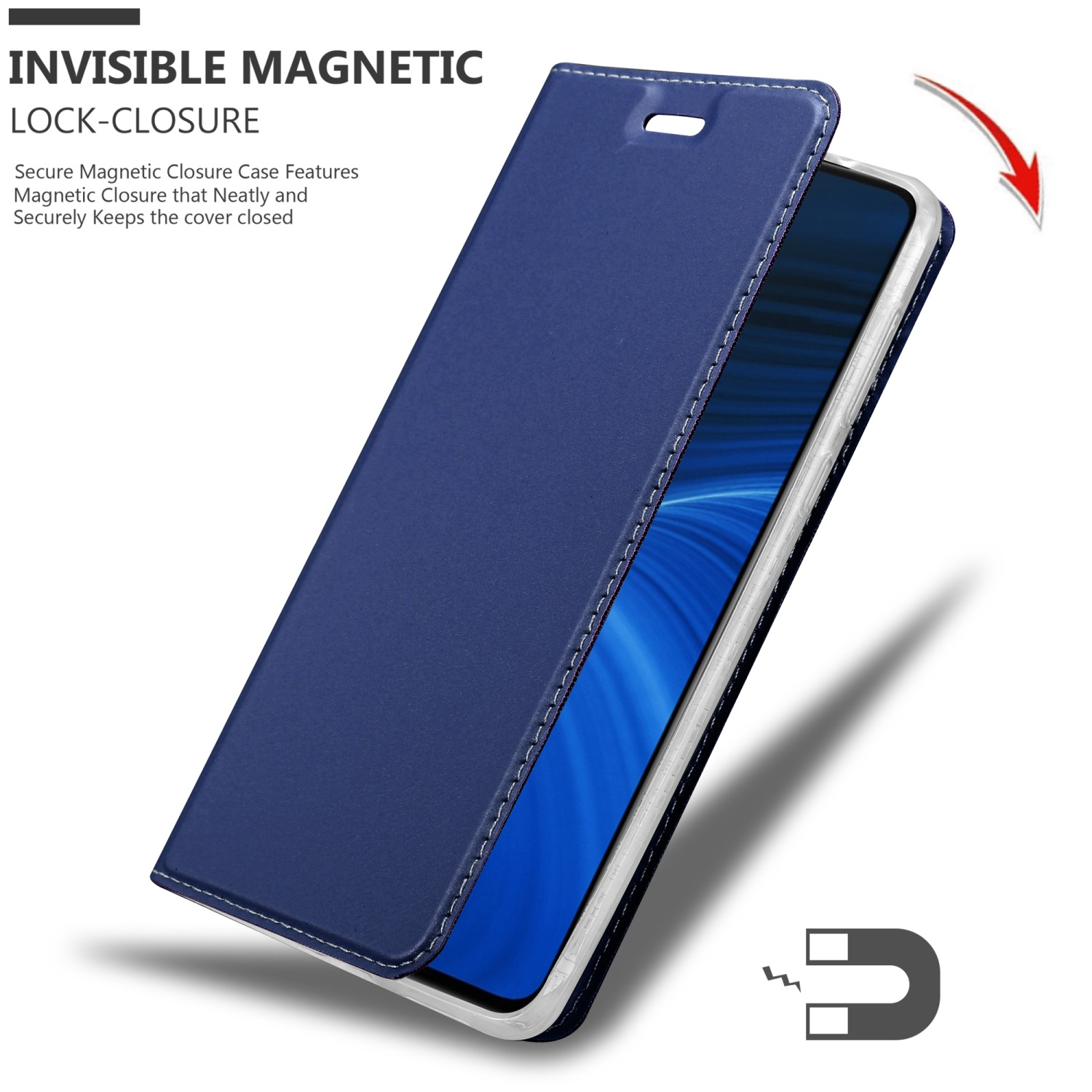 Una custodia per telefono blu scuro, aperta. Lo schermo del telefono è visibile. Un segnale magnetico è vicino alla custodia per mostrare la chiusura.