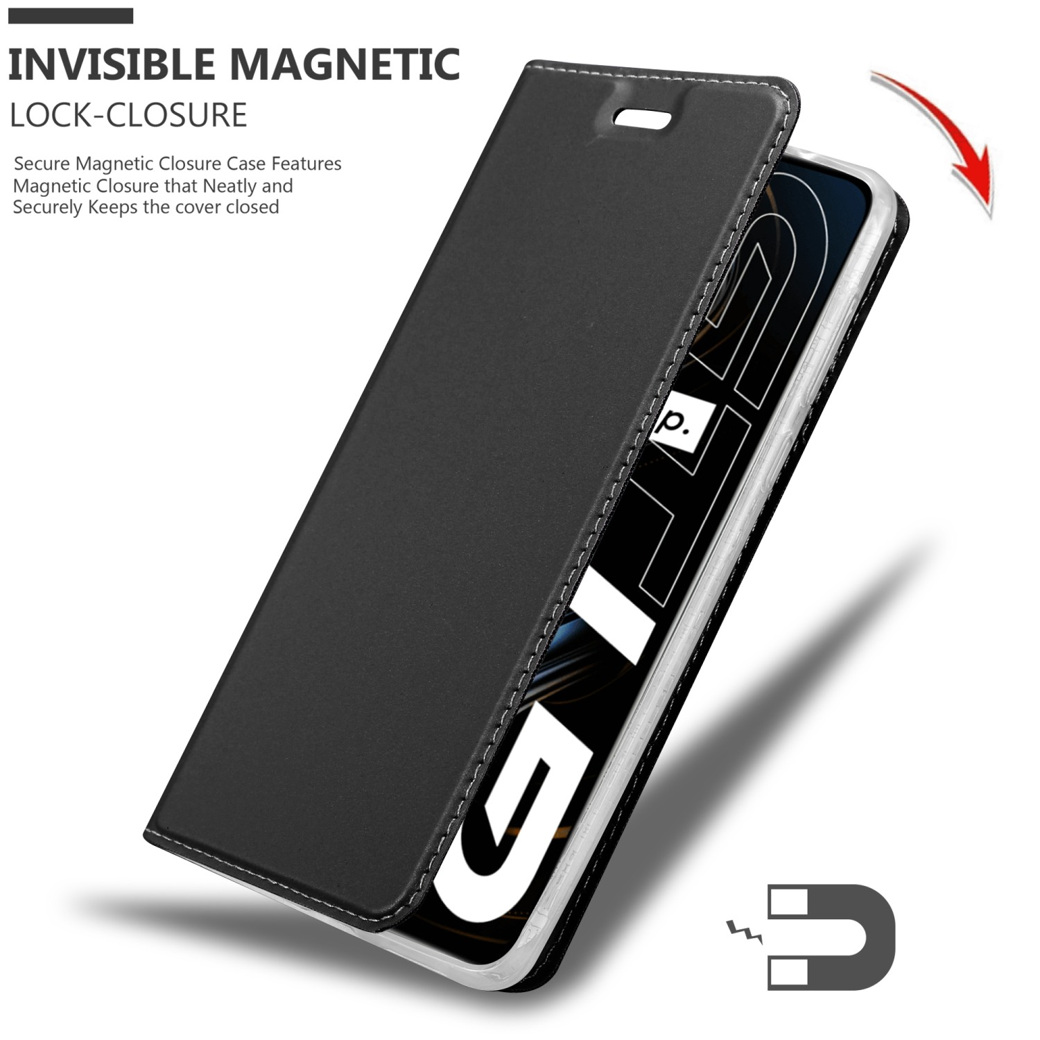 Custodia nera aperta, che rivela un telefono. Custodia con cuciture bianche e simbolo di chiusura magnetica.