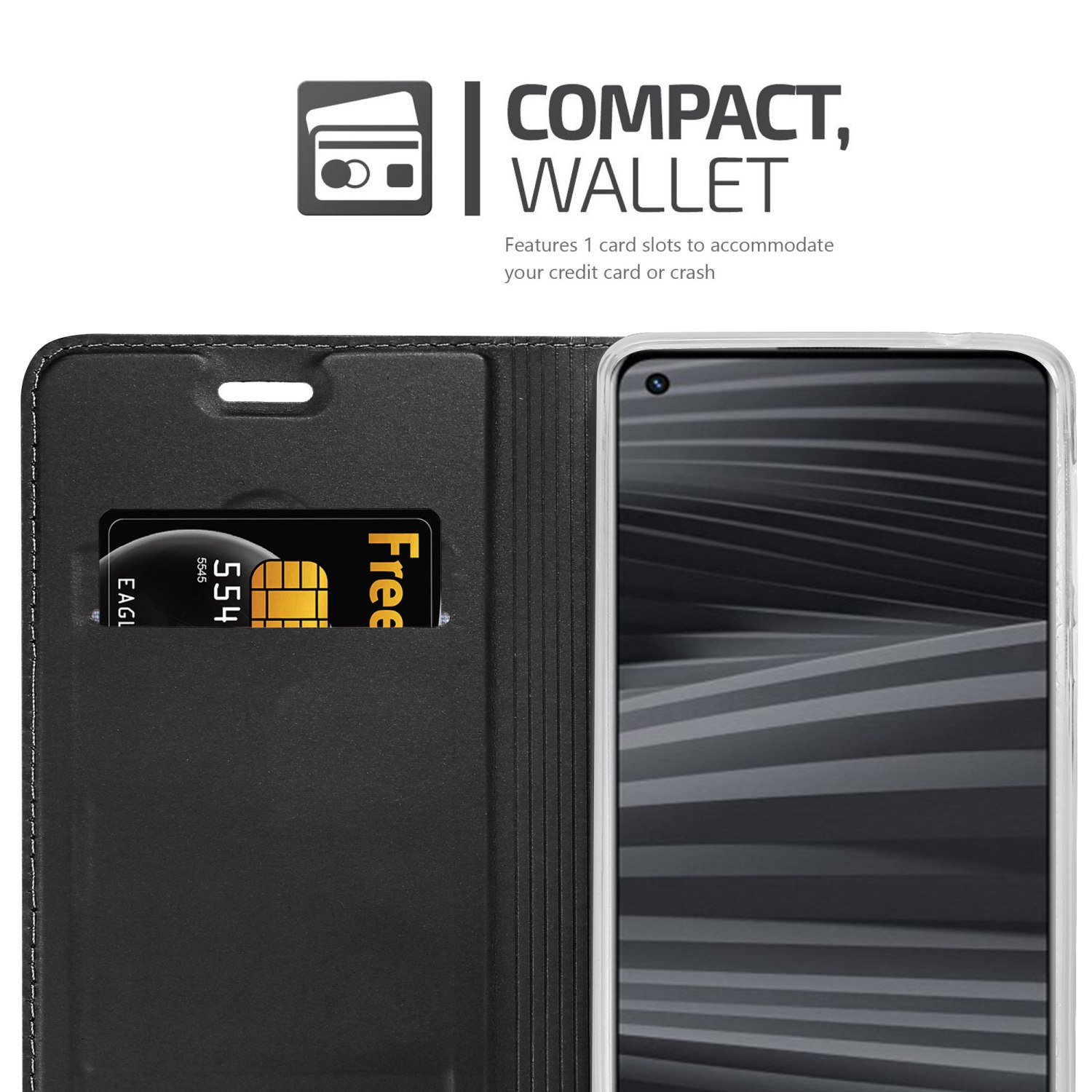 Custodia nera per telefono con slot per carte e telefono visibile. Testo 'Compact Wallet'.