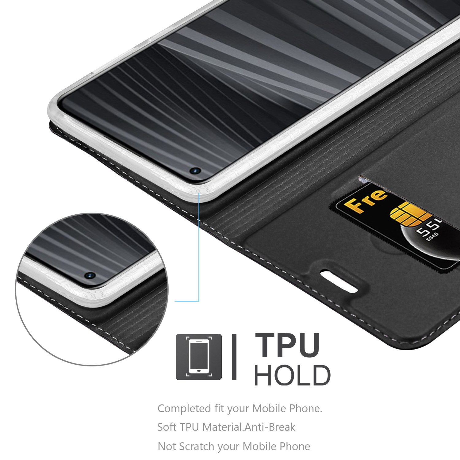 Custodia per telefono con telefono, carta e pelle nera. Testo: TPU HOLD.