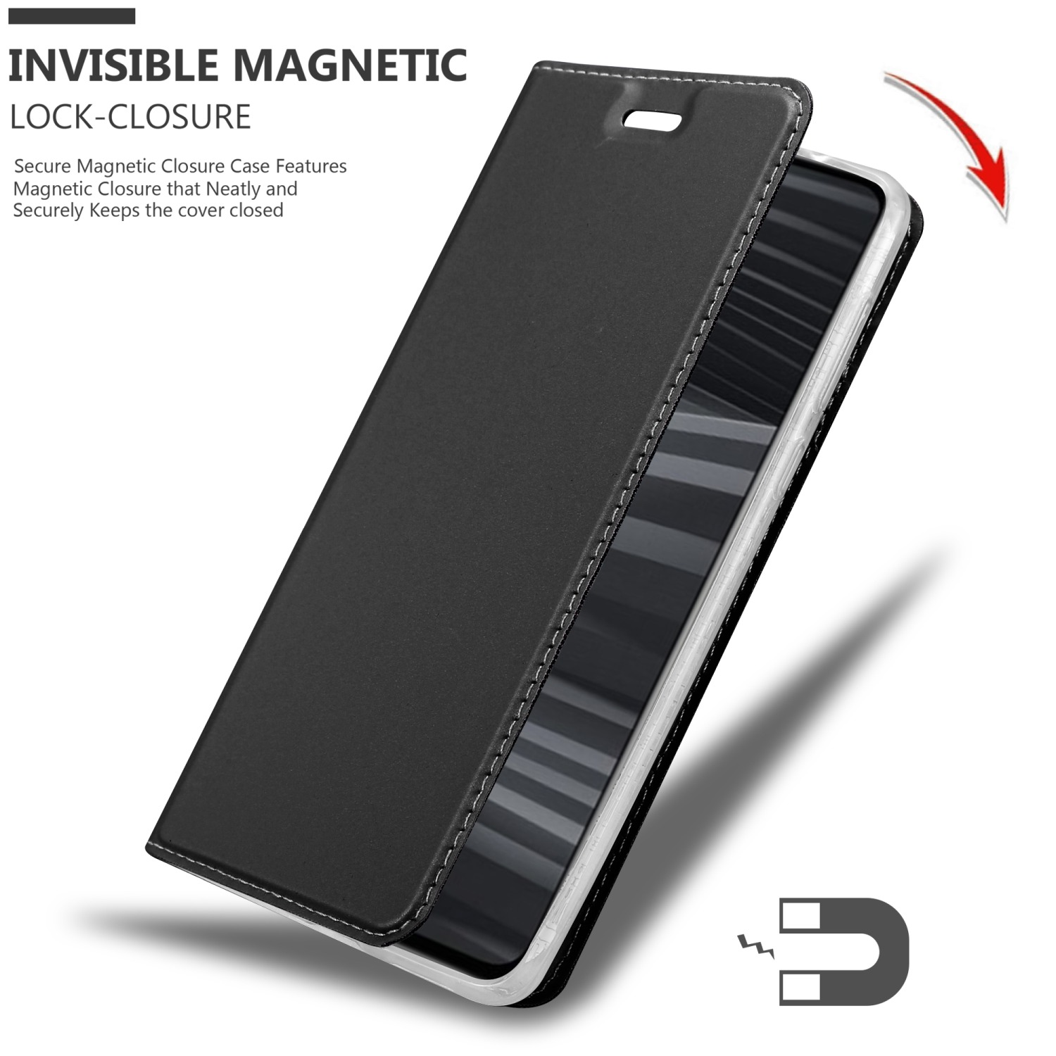 Custodia nera per telefono, aperta. Testo: Chiusura magnetica invisibile. Chiusura magnetica sicura.