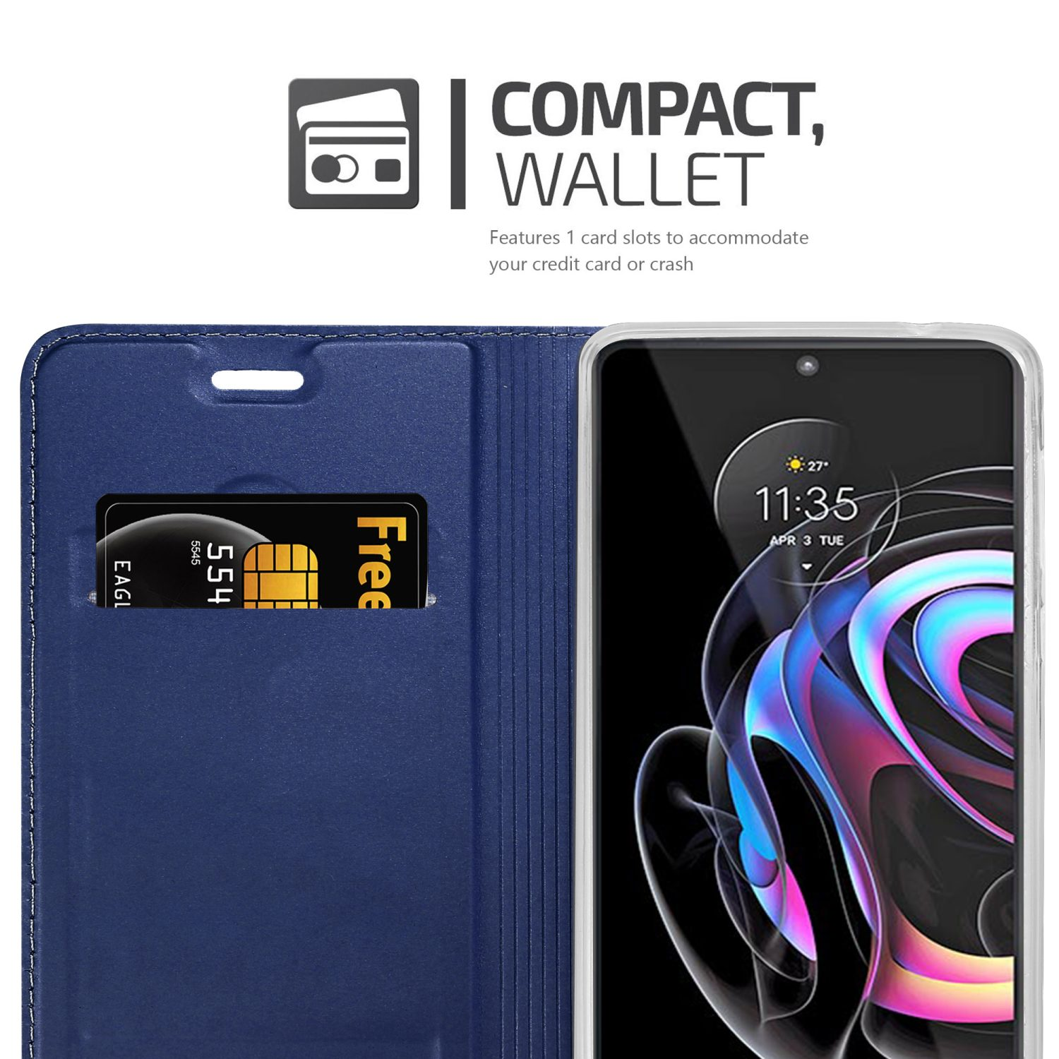 Custodia a portafoglio blu con telefono e carta. Presenta un design compatto.