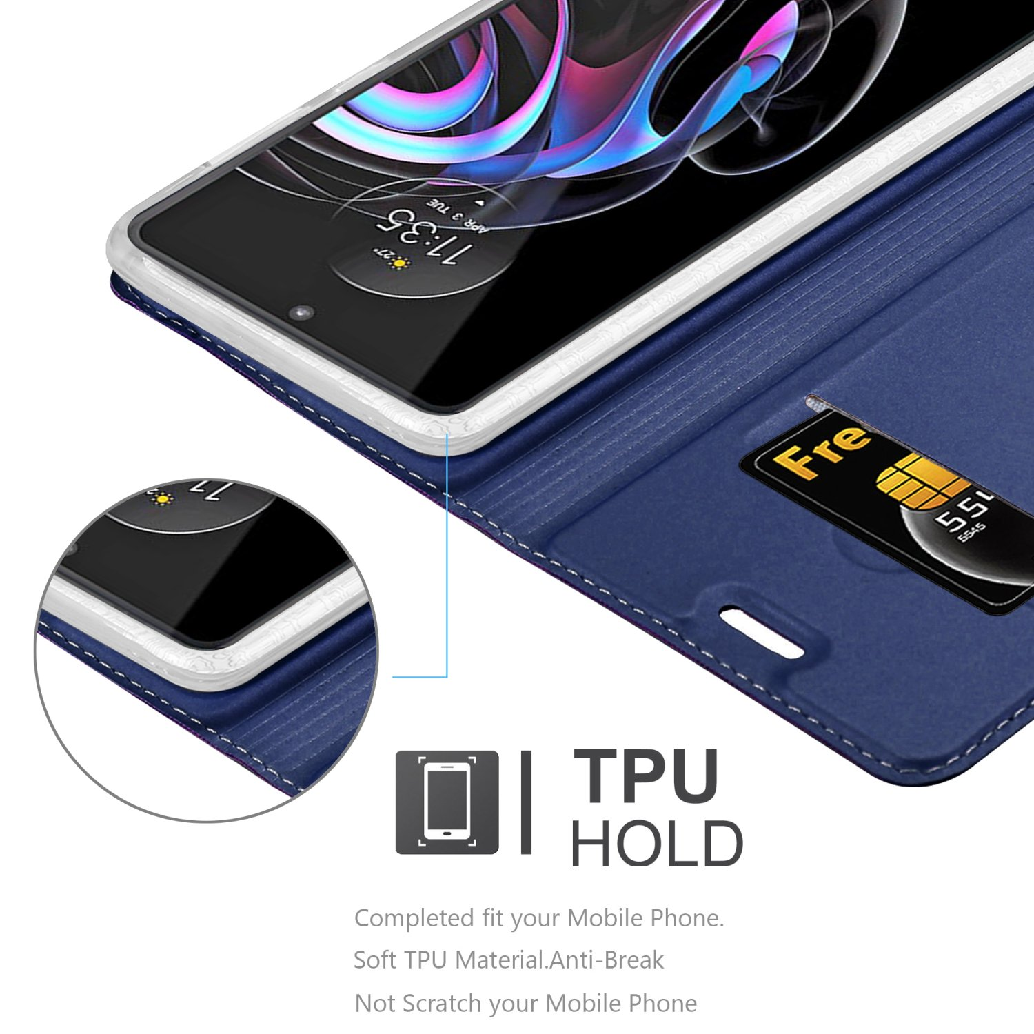 Telefono in custodia blu con carta di credito e descrizione TPU.