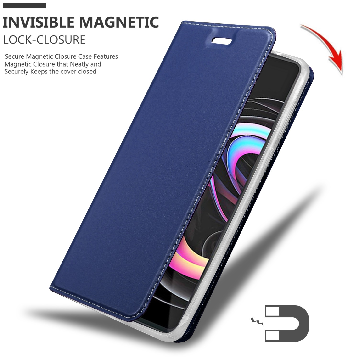 Custodia blu aperta, mostra il telefono. Testo: Invisible Magnetic Lock-Closure.