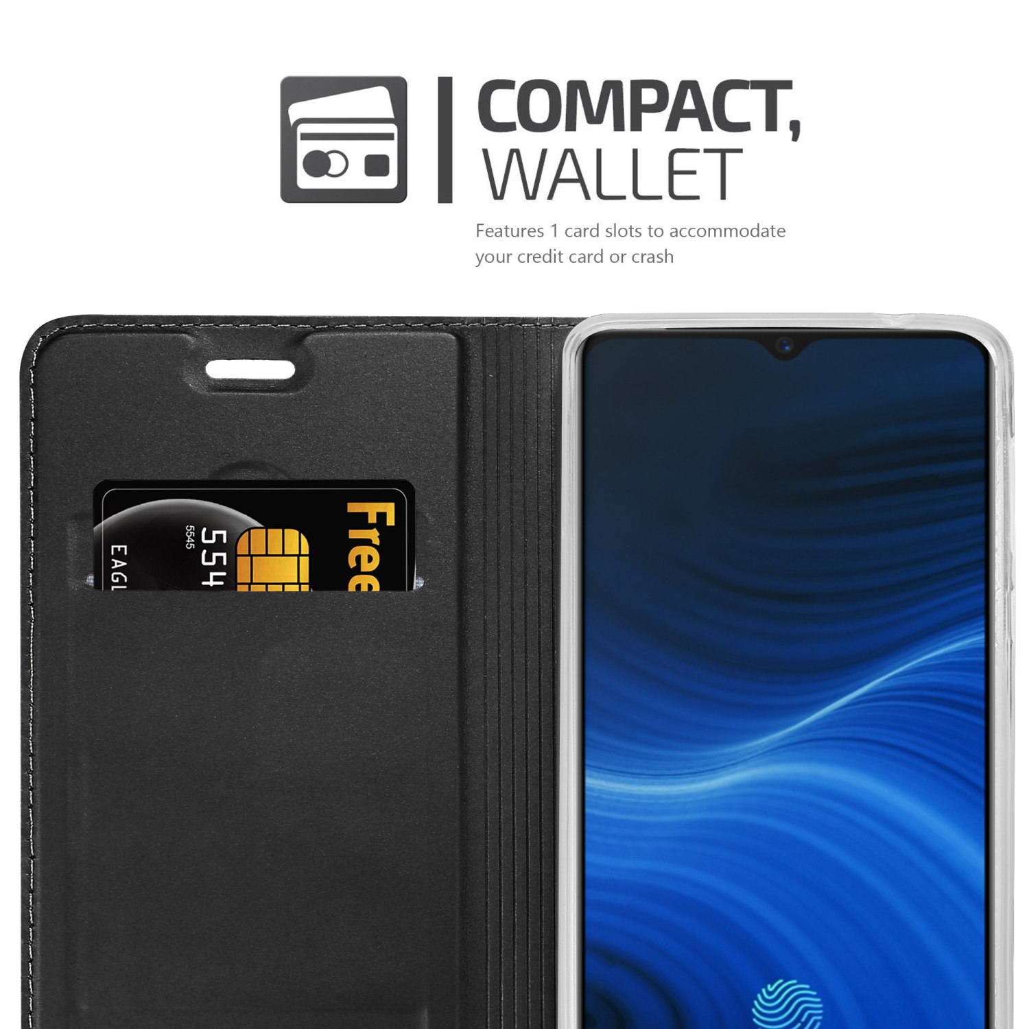 Schwarze Handyhülle mit Kreditkartenfach. Das Telefon hat einen blauen Bildschirm.