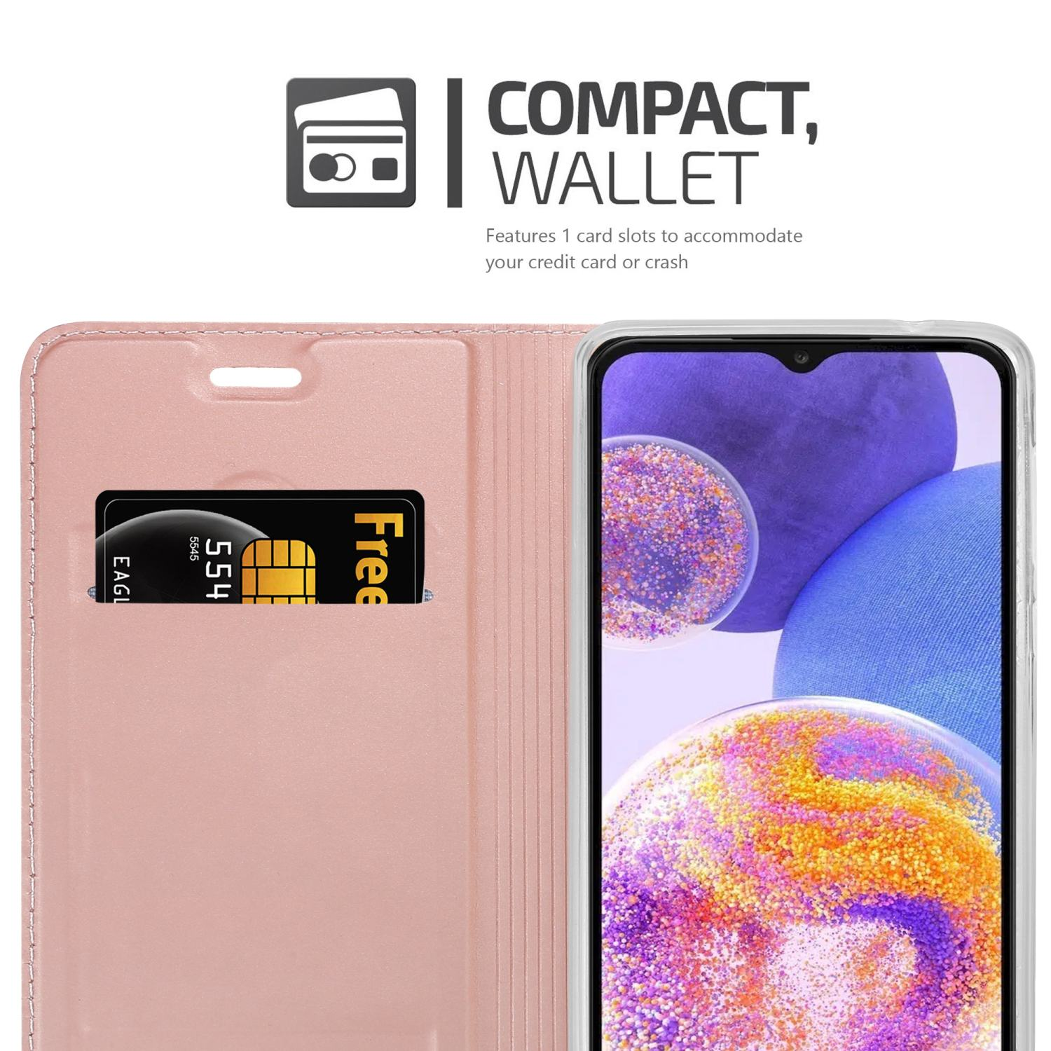 Rosafarbenes Handy-Wallet offen mit schwarzem Telefon. Das Case hat einen Kartensteckplatz.