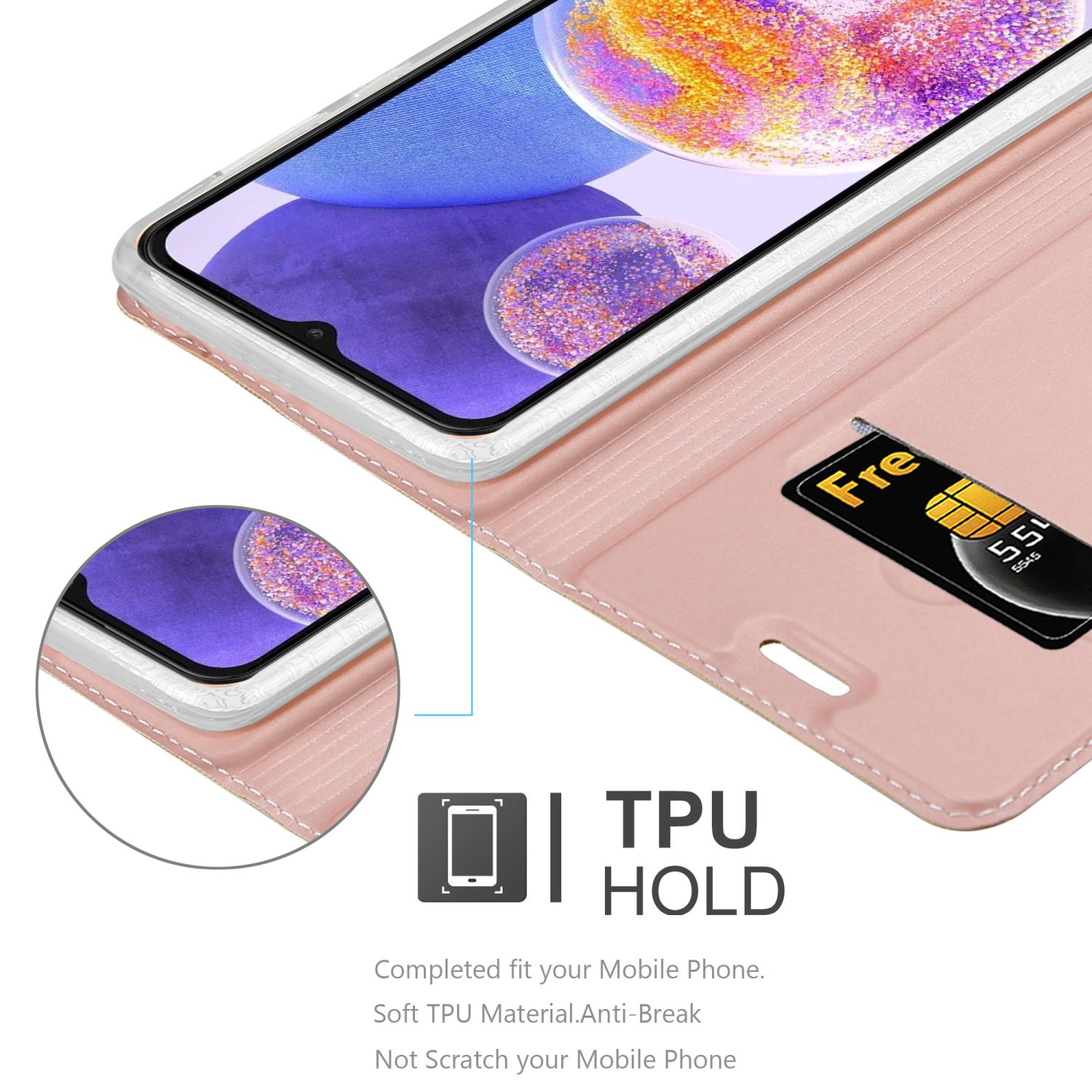 Offene rosa Handyhülle mit Telefon und Kartenfächern. Weißer Hintergrund. TPU-Halterung und Kartentext.