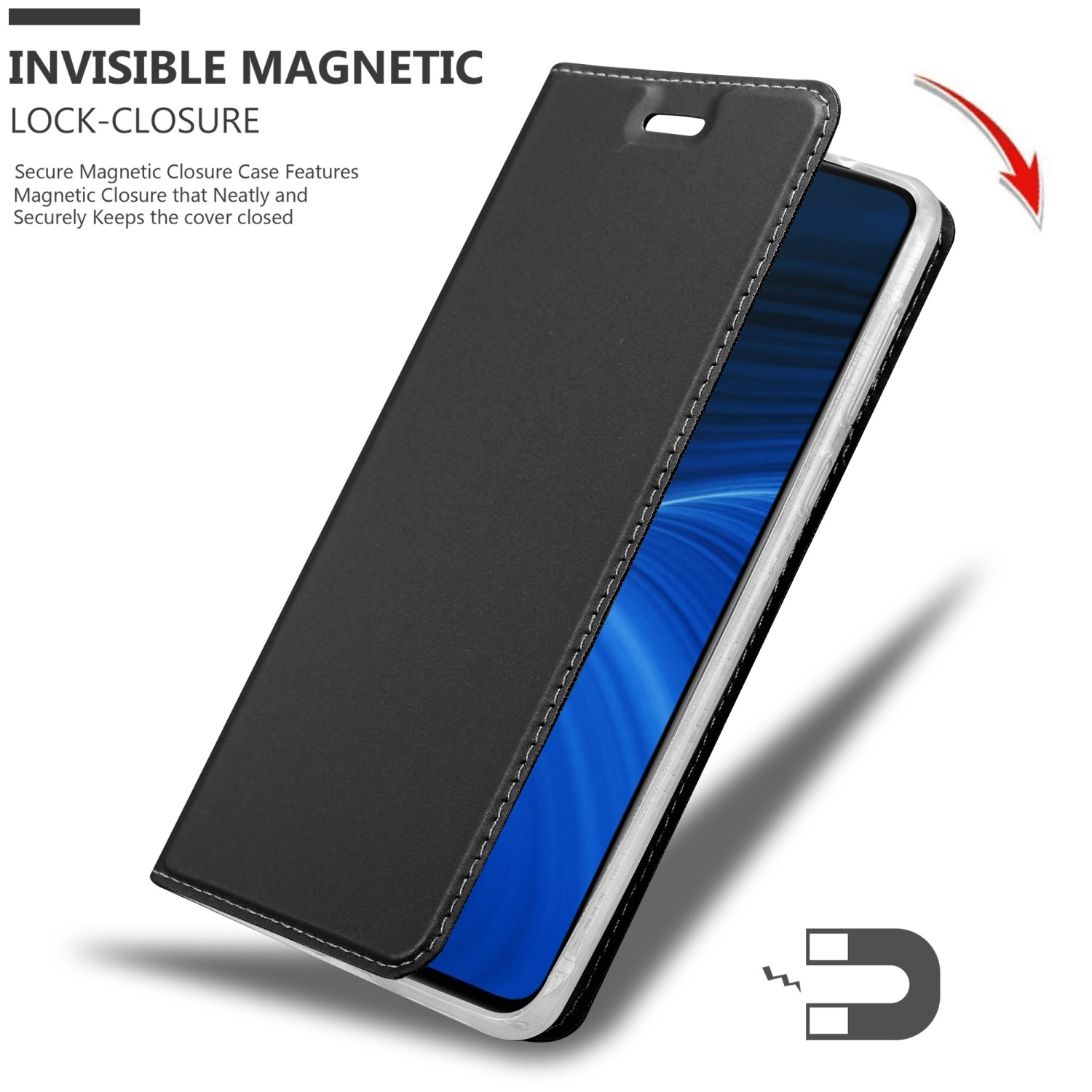 Eine schwarze Handyhülle wird geöffnet gezeigt. Ein Magnet und ein Telefon befinden sich im Inneren. Die Hülle hat weiße Nähte.