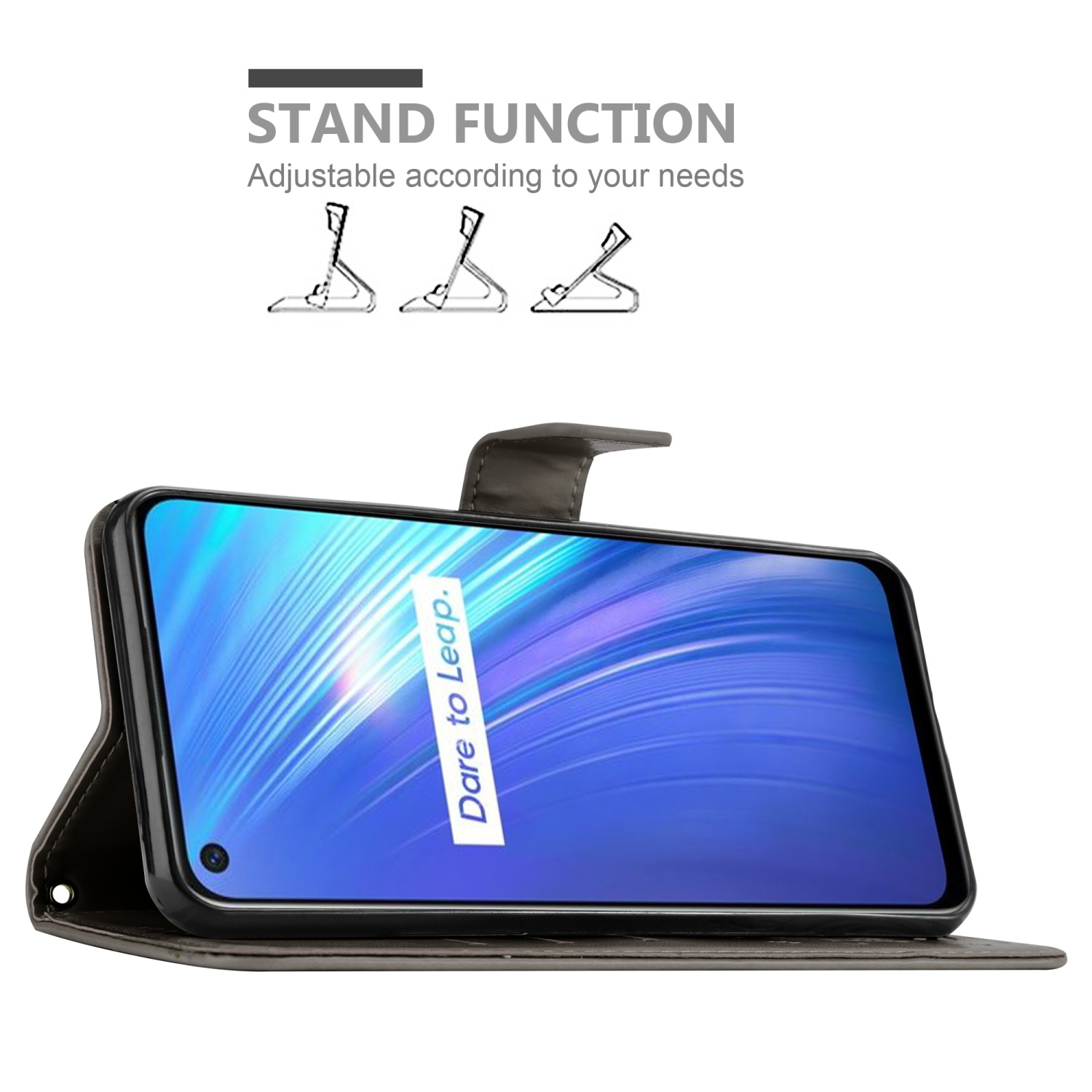 Telefono nero in una custodia. Il telefono è visualizzato in posizione verticale. Tre opzioni di supporto sono mostrate nella parte superiore dell'immagine.