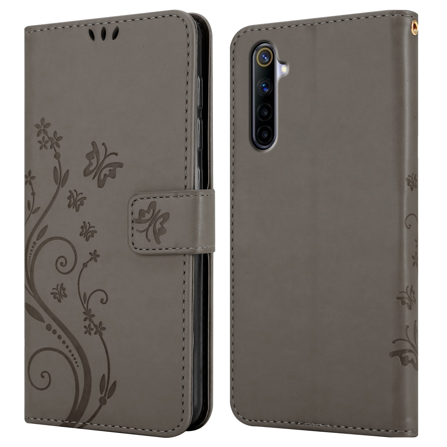 Custodia per telefono grigia con design a farfalla. La custodia è aperta, rivelando il telefono. Ha una chiusura magnetica.