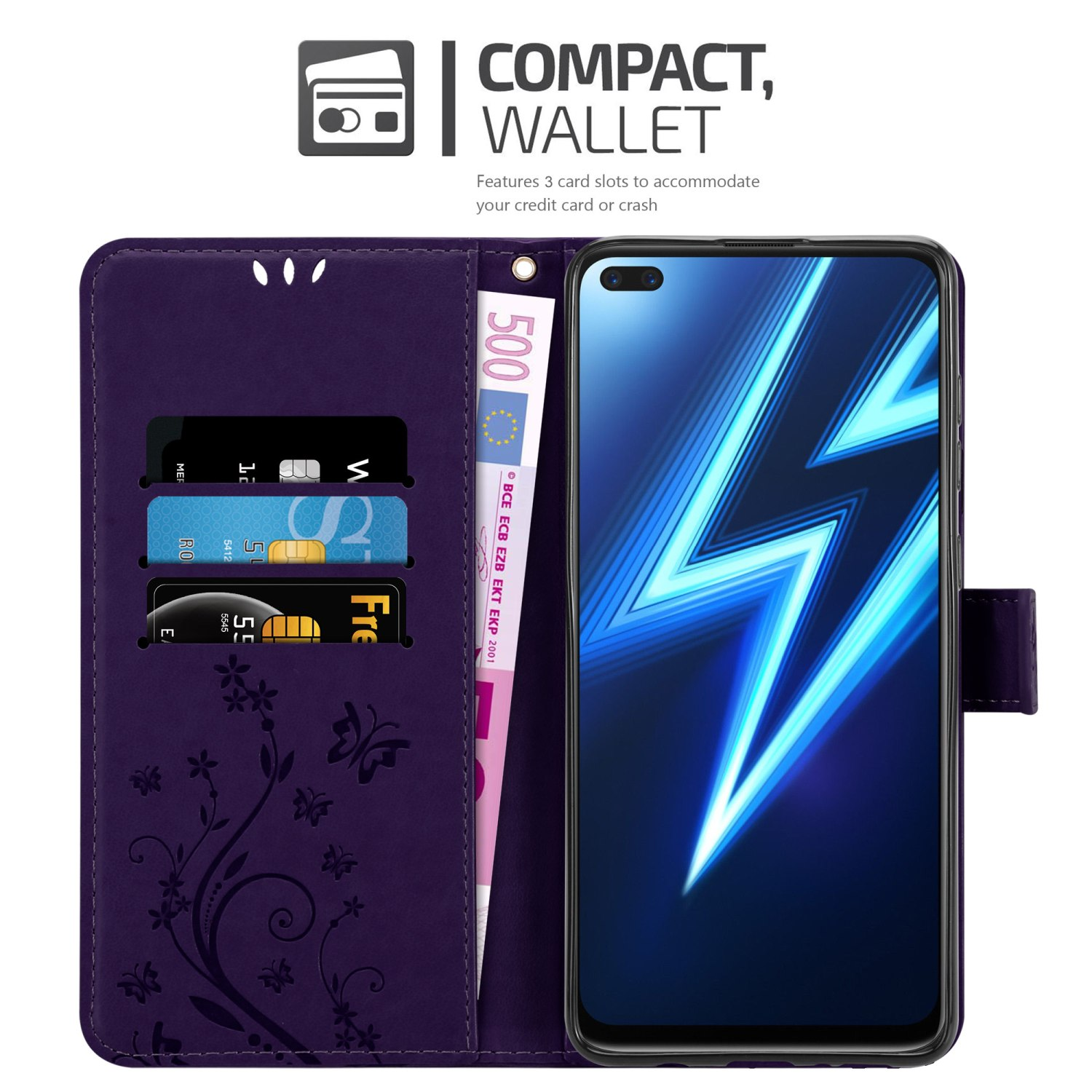 Custodia a portafoglio viola, aperta, con carte, contanti e un telefono all'interno. La custodia è su una superficie bianca.