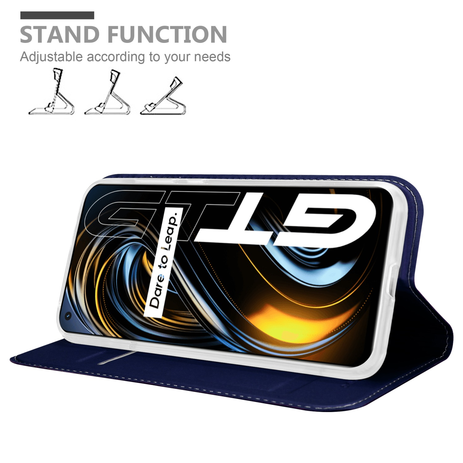 Custodia per telefono blu aperta, con telefono. Logo GT sullo schermo, funzione supporto.