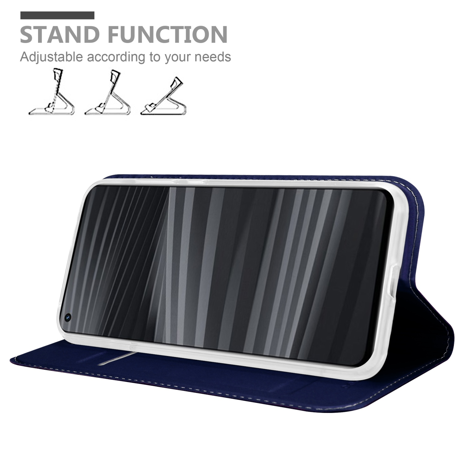 Custodia blu navy con telefono dentro. Il telefono è in posizione verticale, mostrando lo schermo. Funzione stand.