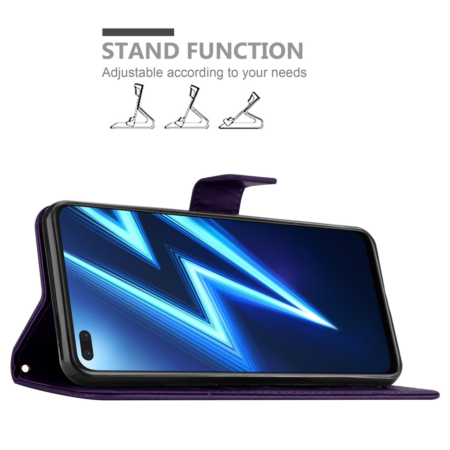 Telefono in custodia viola, aperto per mostrare lo schermo. Funzione supporto con tre posizioni.