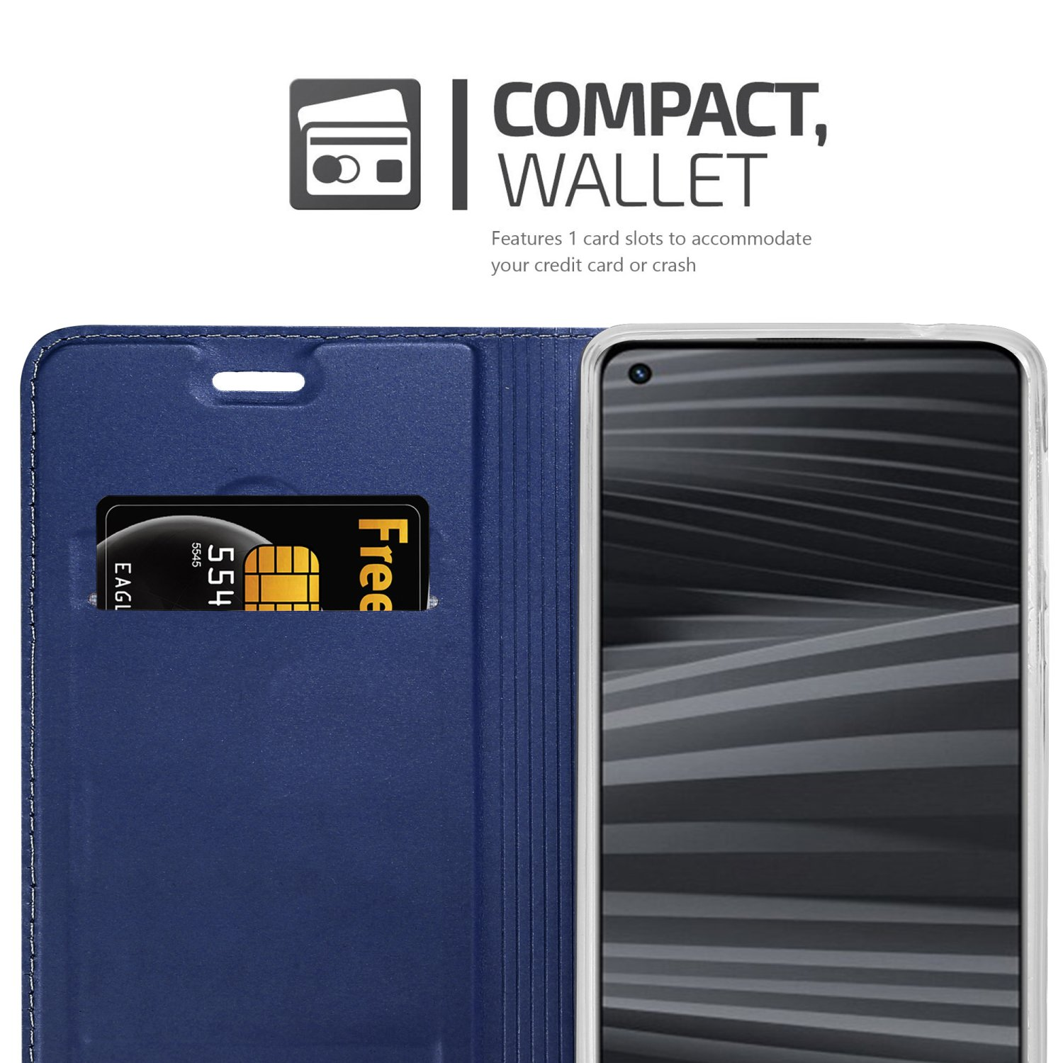 Custodia blu con fessura per carta di credito e telefono. Testo: COMPACT, WALLET.