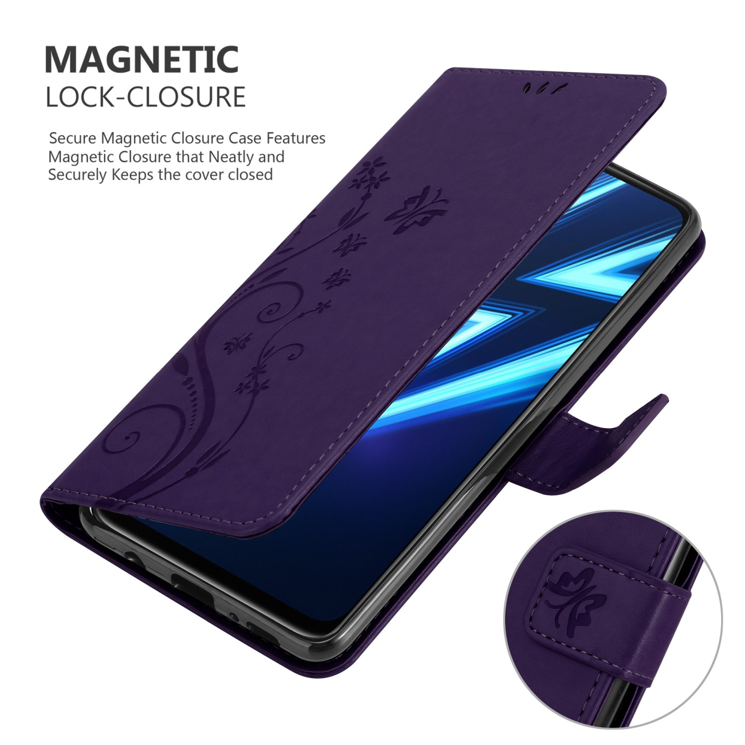 Custodia viola per telefono aperta, che mostra il telefono. Testo: Caratteristiche di chiusura magnetica.