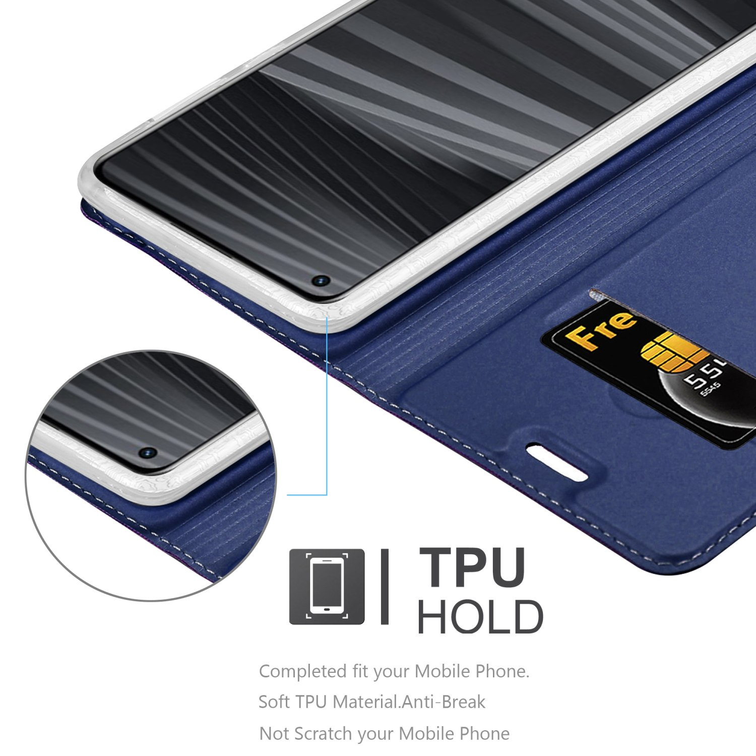 Primo piano: custodia blu per telefono con telefono all'interno. Scheda SIM visibile. TPU HOLD è scritto sulla custodia.