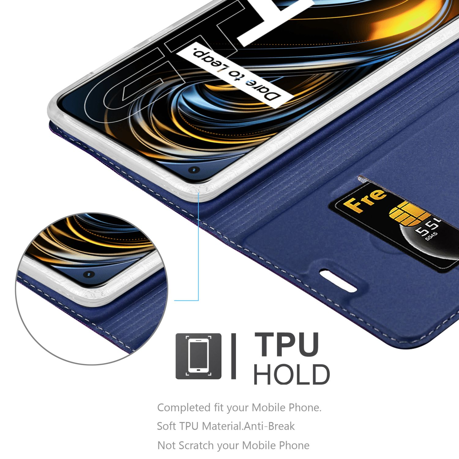 Una custodia blu per telefono con un telefono all'interno. Testo che dice "TPU HOLD". Viene mostrato anche un primo piano del telefono.