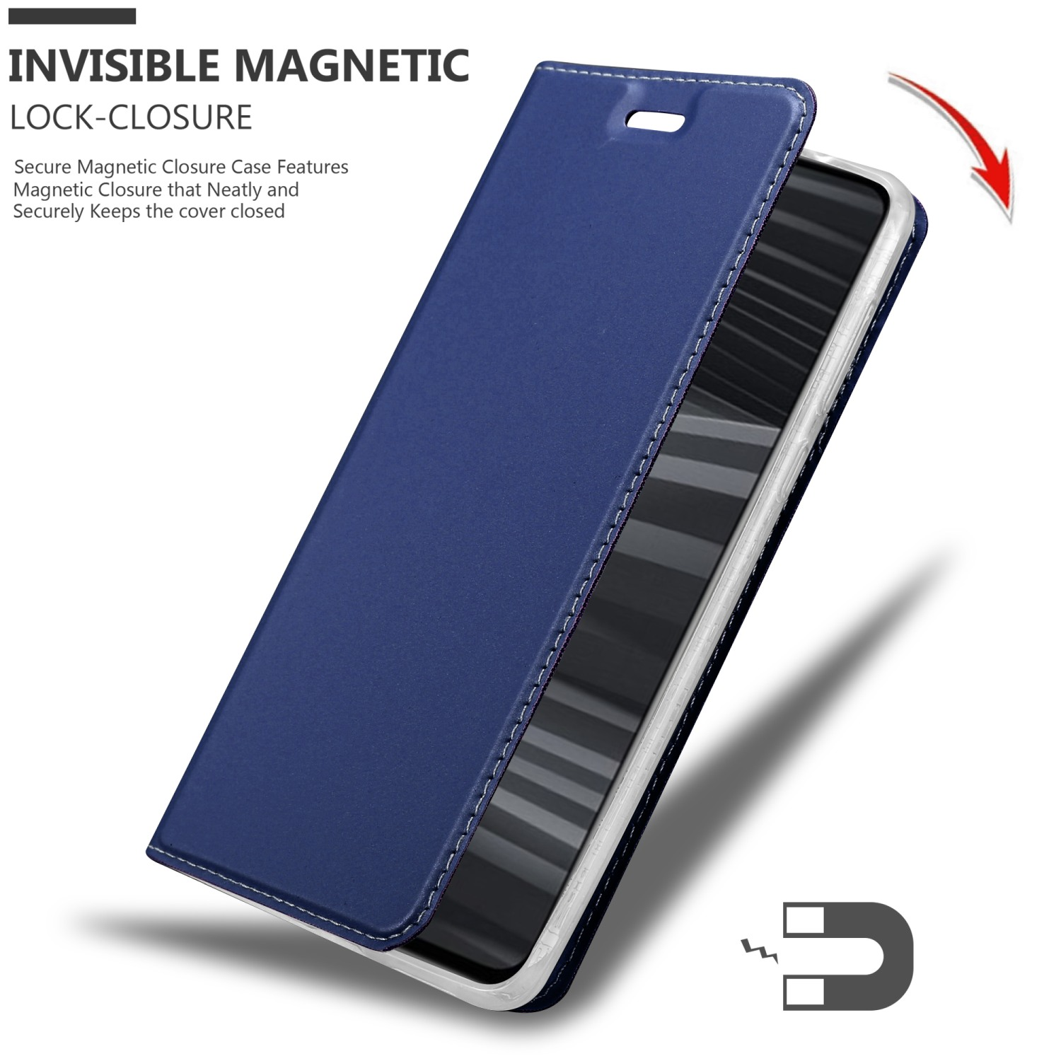 Custodia per telefono blu aperta, che rivela un telefono. Chiusura magnetica. Cuciture bianche. Invisibile.