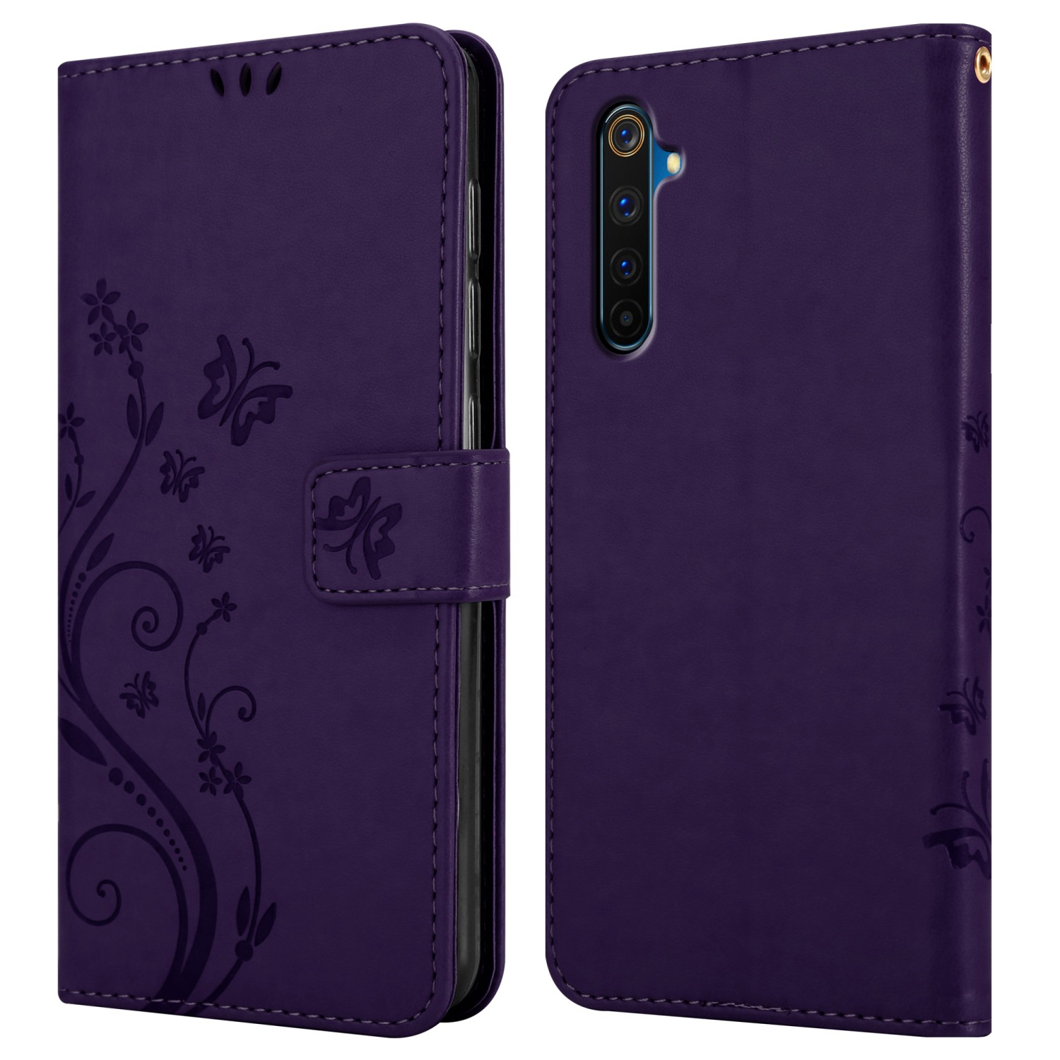 Custodia per telefono viola, chiusa, con un design floreale. La custodia mostra la parte posteriore e anteriore del telefono.
