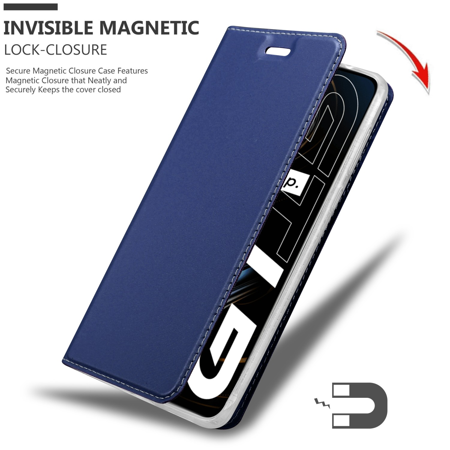 Custodia blu per telefono con telefono all'interno. Testo: Chiusura magnetica invisibile. Magnete mostrato.