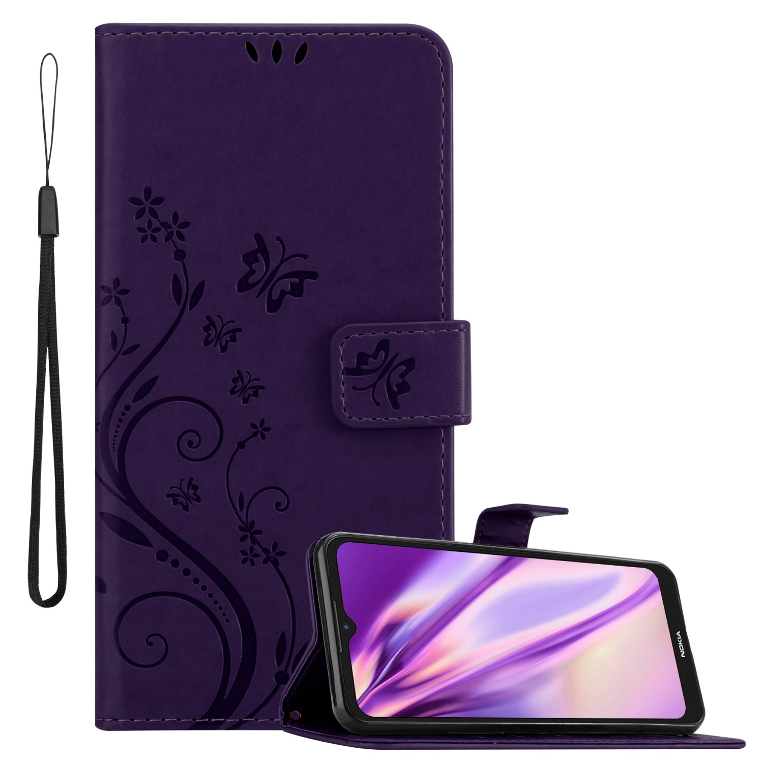 Custodia per telefono viola, aperta con telefono. Design floreale e farfalle, cinturino.