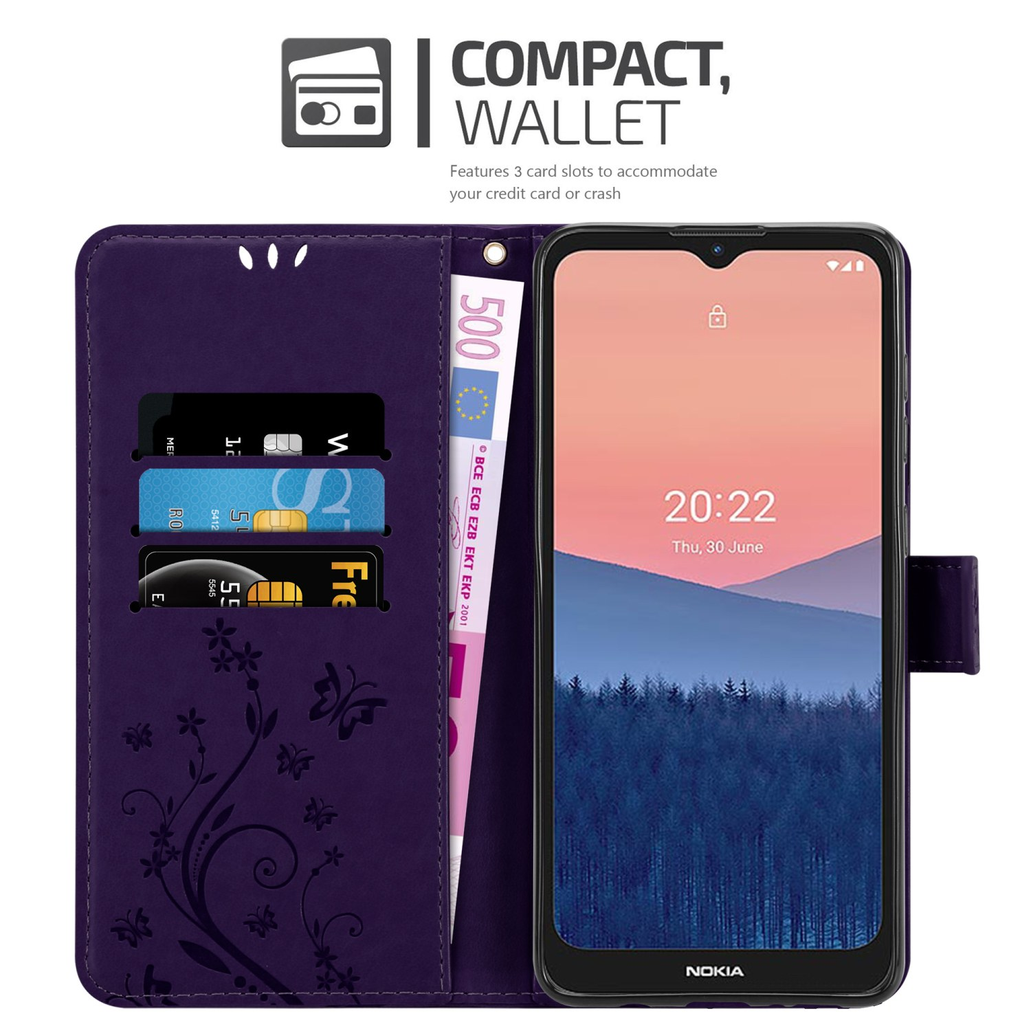 Custodia viola per telefono con telefono, carte di credito e contanti. Include slot e design a portafoglio.