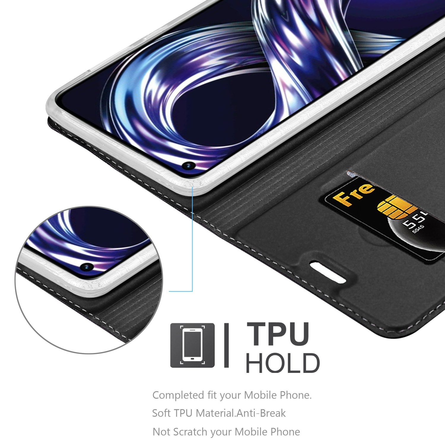 Schwarze Handyhülle mit weißem Handy. Eine SIM-Karte ist eingesetzt. Die Hülle besteht aus TPU.