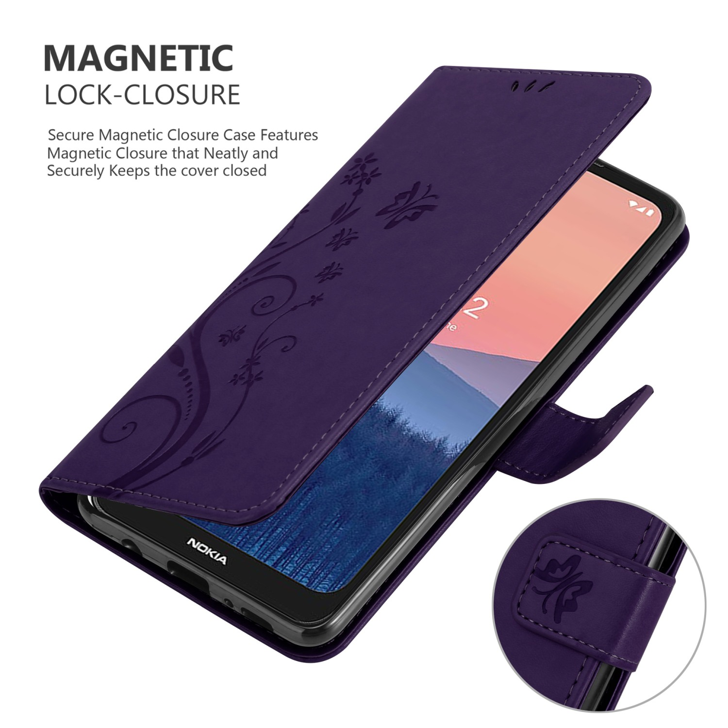 Custodia per telefono viola con design floreale e chiusura magnetica. Un telefono è dentro.