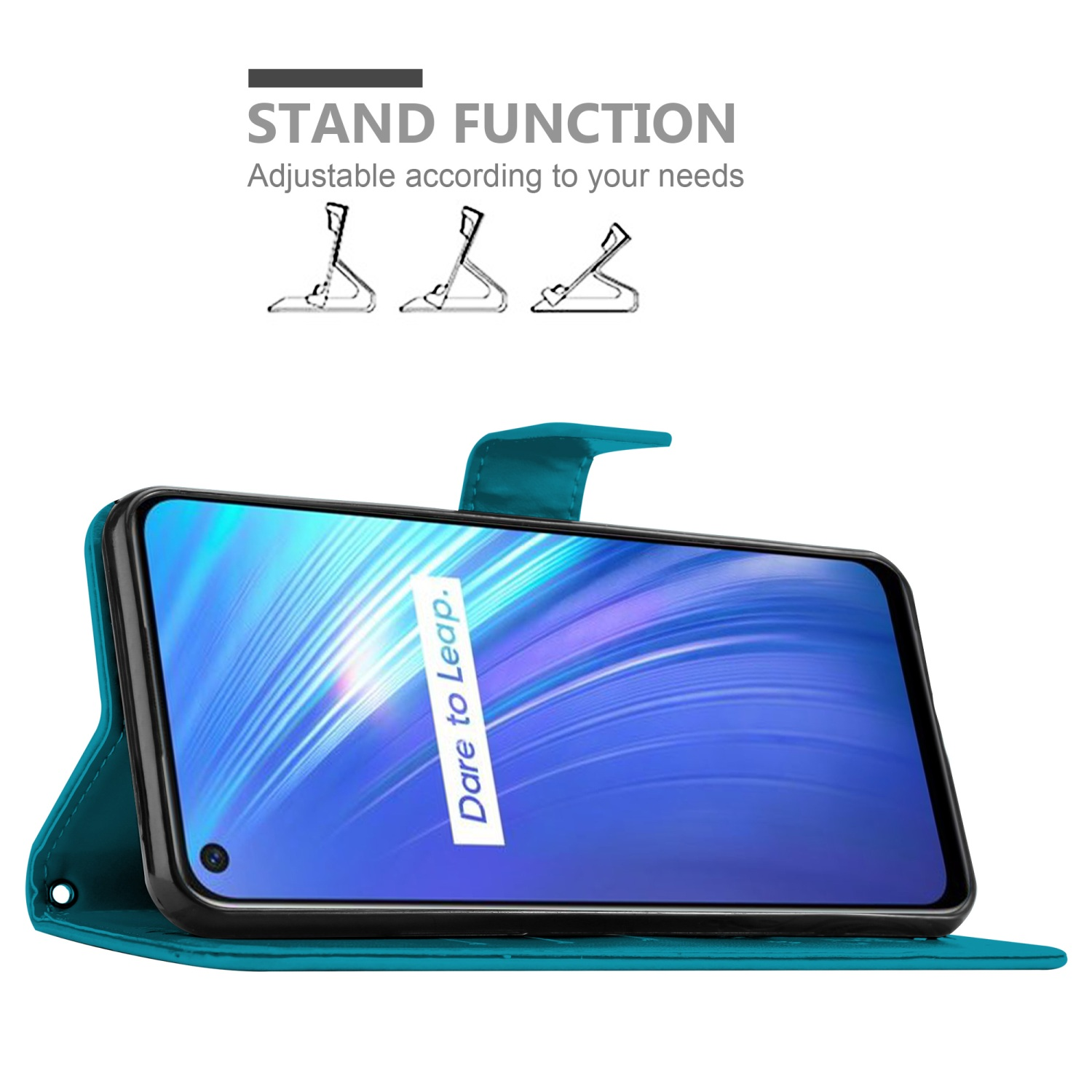 Una custodia per telefono verde acqua con un telefono che mostra uno schermo e tre icone della funzione di supporto.