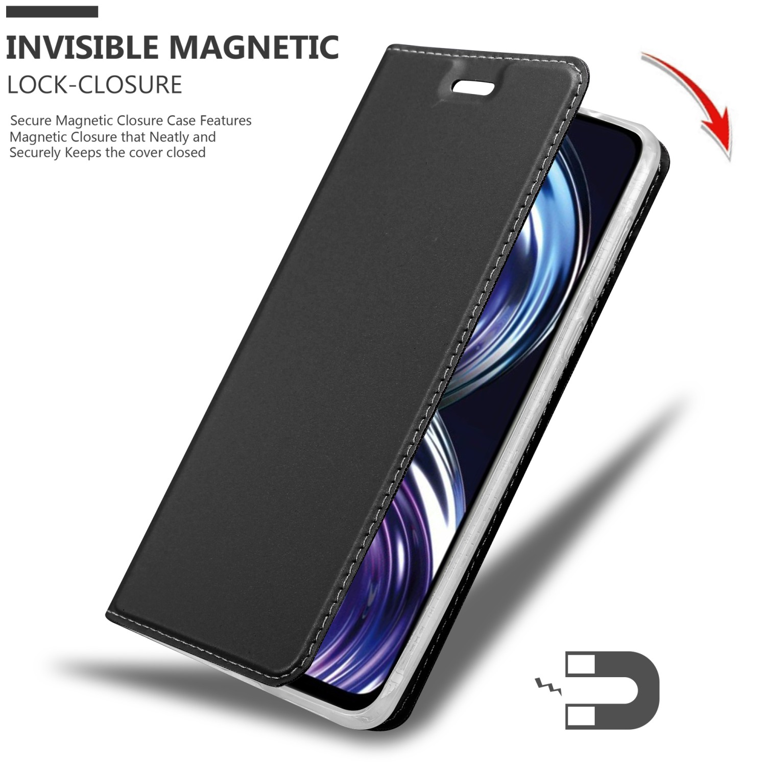 Eine schwarze Handyhülle ist geöffnet. Das Telefon ist darin. Die Hülle hat einen Magnetverschluss.