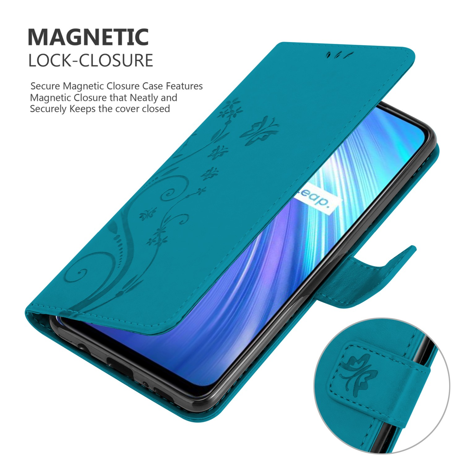 Custodia per telefono verde acqua con un design floreale. Il telefono è all'interno della custodia.