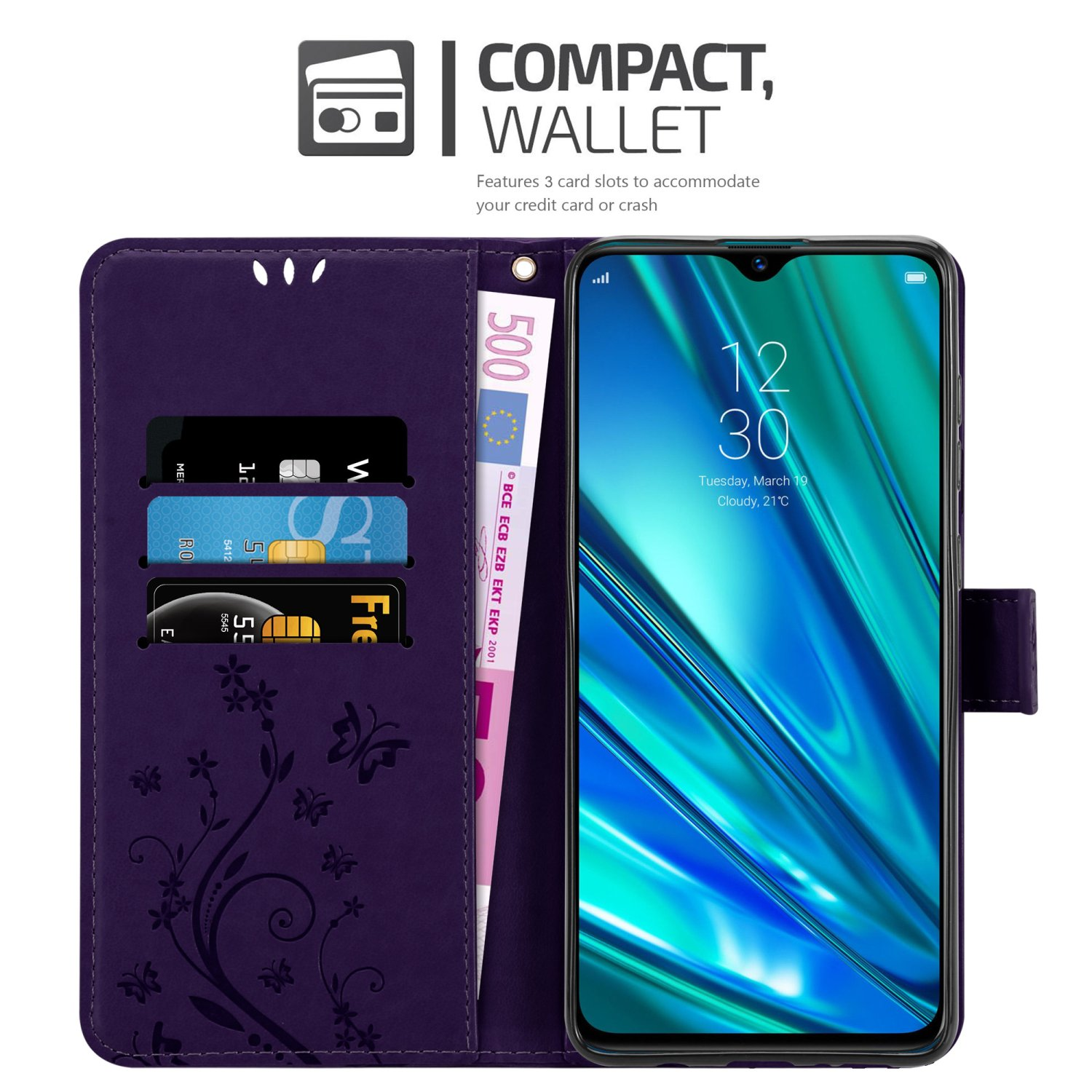 Custodia a portafoglio viola aperta con telefono, carte e denaro. I dettagli includono slot per carte e una banconota da 500 euro.