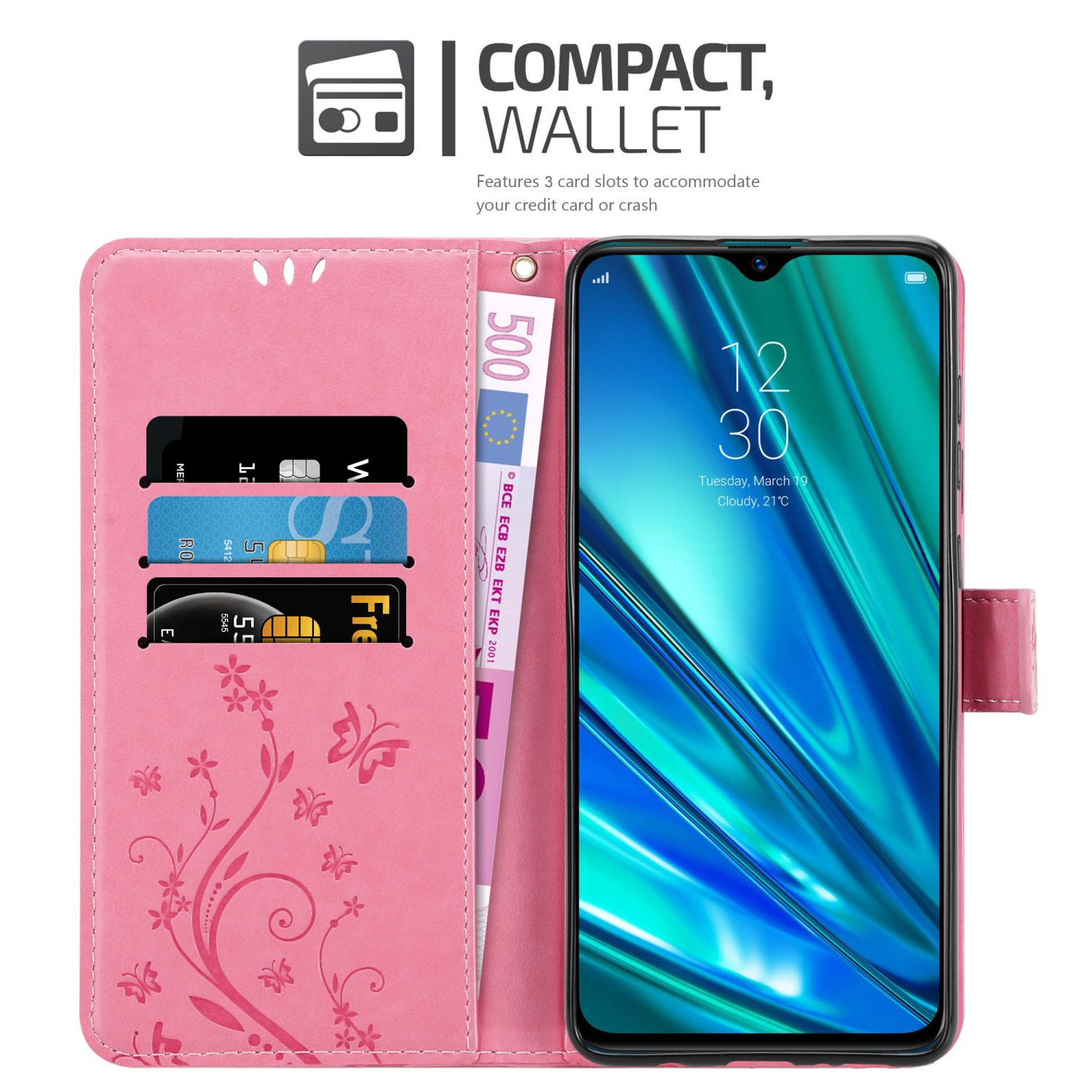 Custodia a portafoglio rosa. Mostra telefono, carte di credito e banconota. Design floreale.
