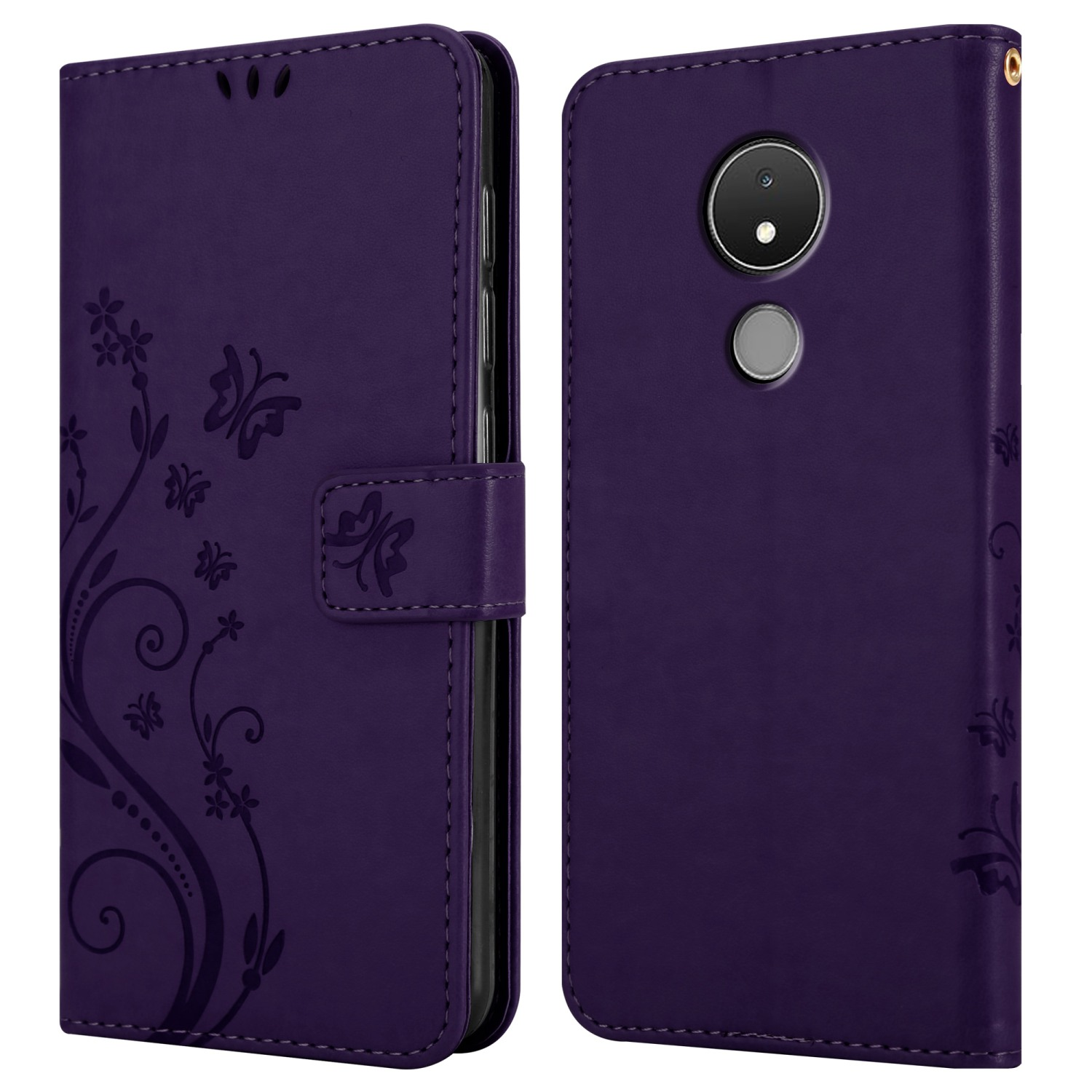 Custodia per telefono viola con design floreale. La custodia è mostrata chiusa e aperta, mostrando il telefono.